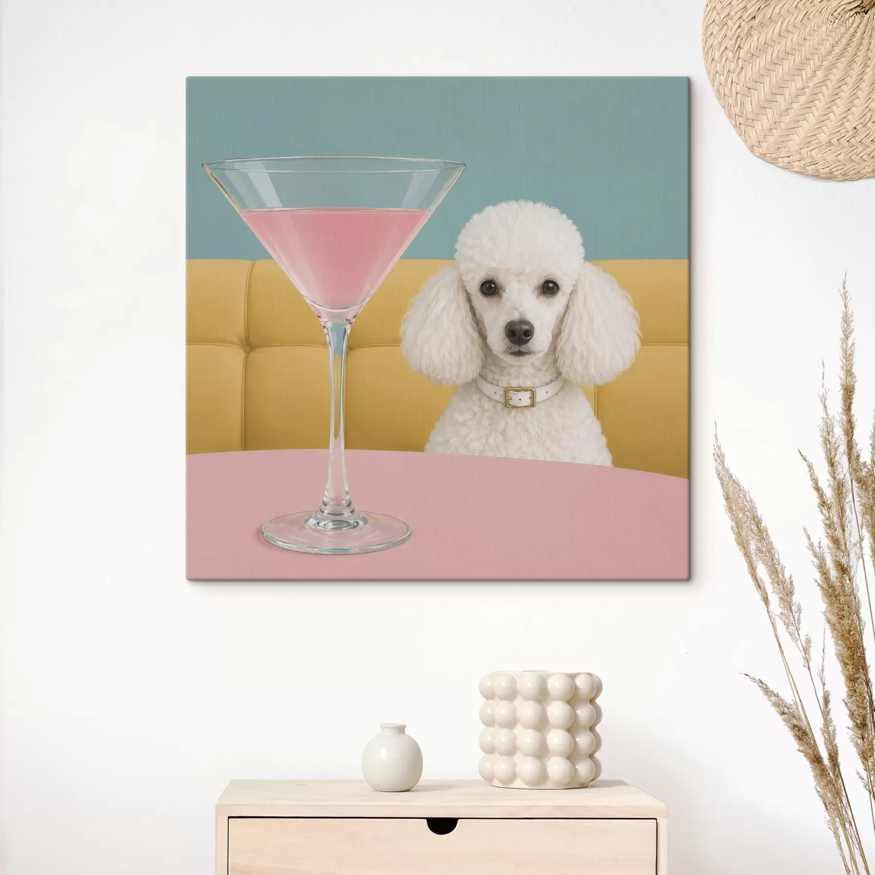 murales de pared Un caniche blanco y un vaso s49389