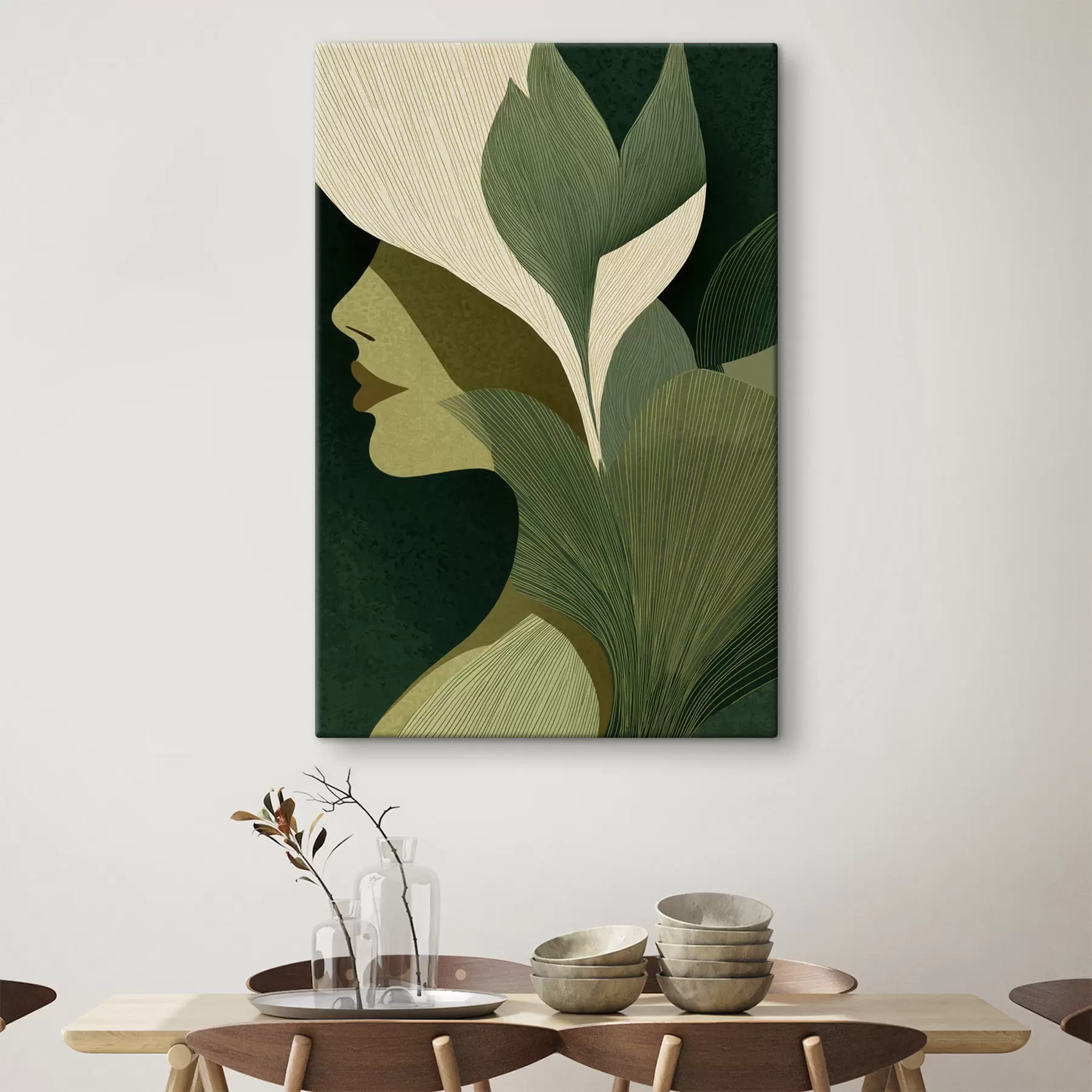 murales de pared Perfil de una mujer con hojas s49432