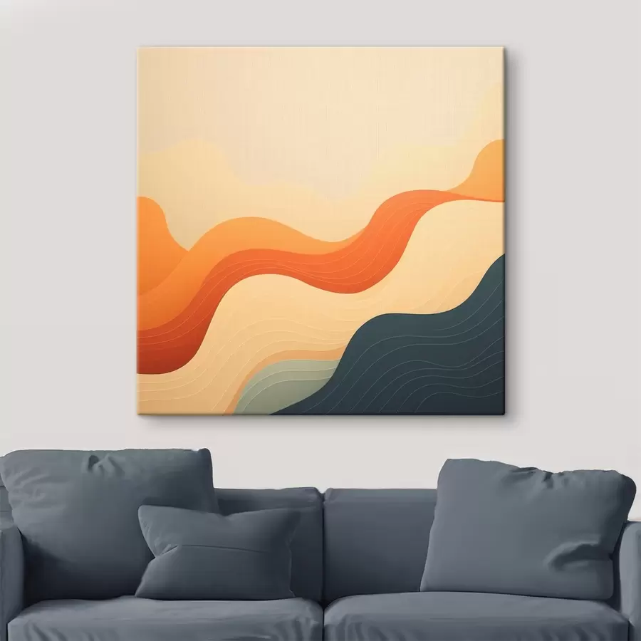 murales de pared Paisaje ondulado en una cálida paleta de tonos beige-naranja y azul, en estilo abstracto s48879
