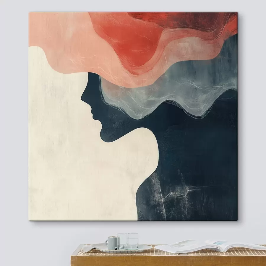 murales de pared Silueta femenina abstracta con olas de color coral y azul en un estilo minimalista s48882