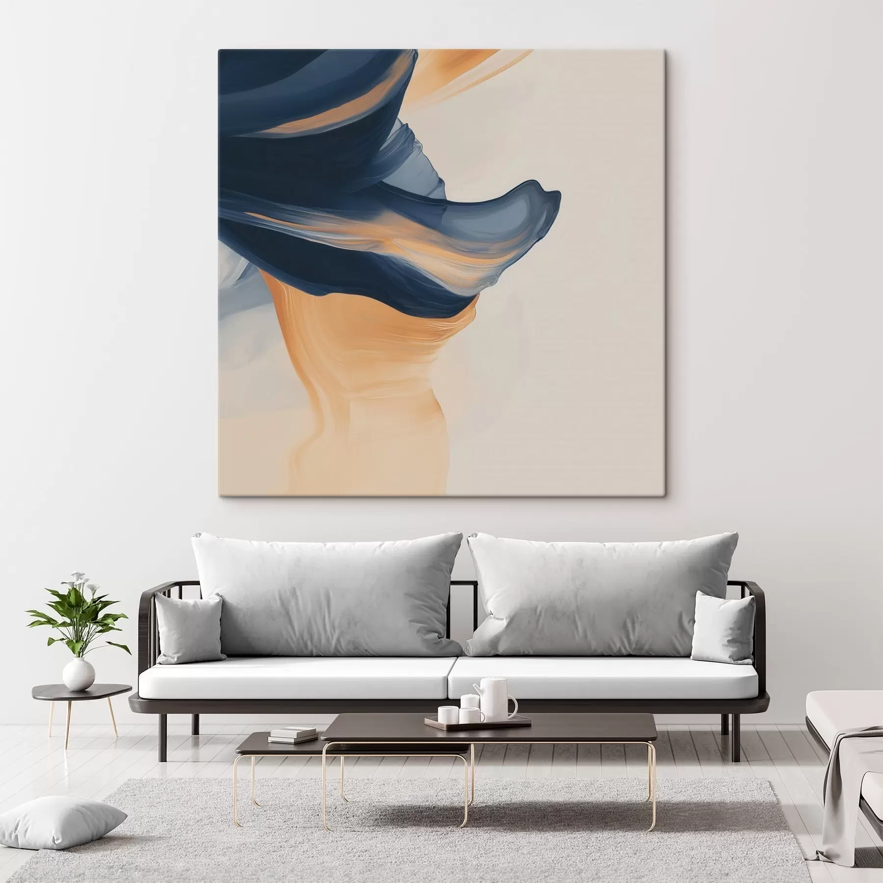 murales de pared Composición con tonos azul oscuro y melocotón cálido en un estilo pictórico contemporáneo s48883