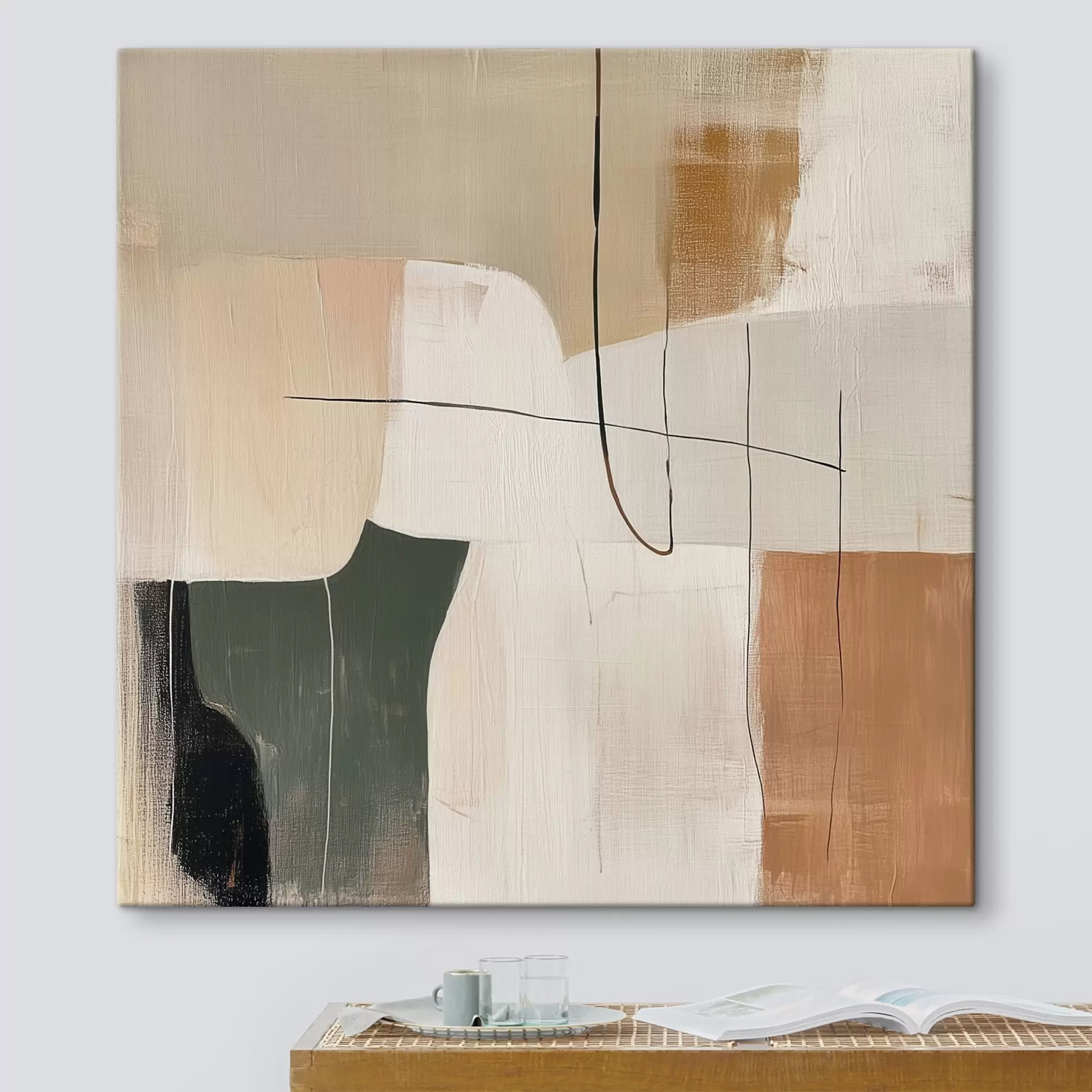 murales de pared Cuadro abstracto de interiores en tonos pastel, ocre y oliva s48889