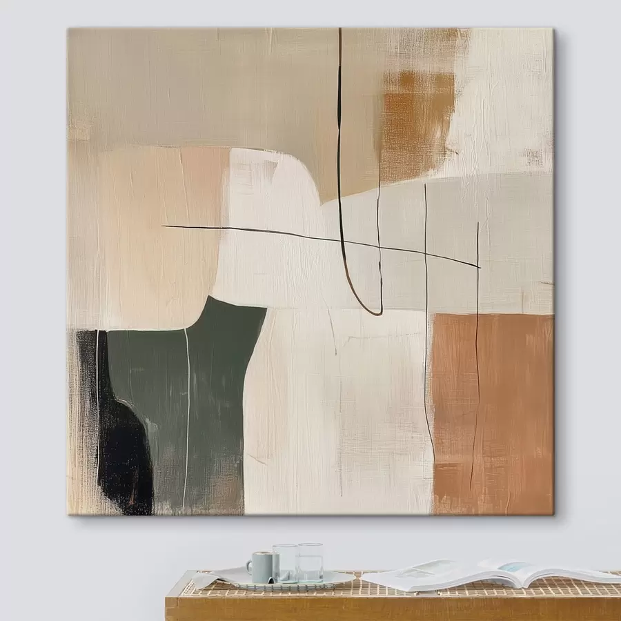 murales de pared Cuadro abstracto de interiores en tonos pastel, ocre y oliva s48889
