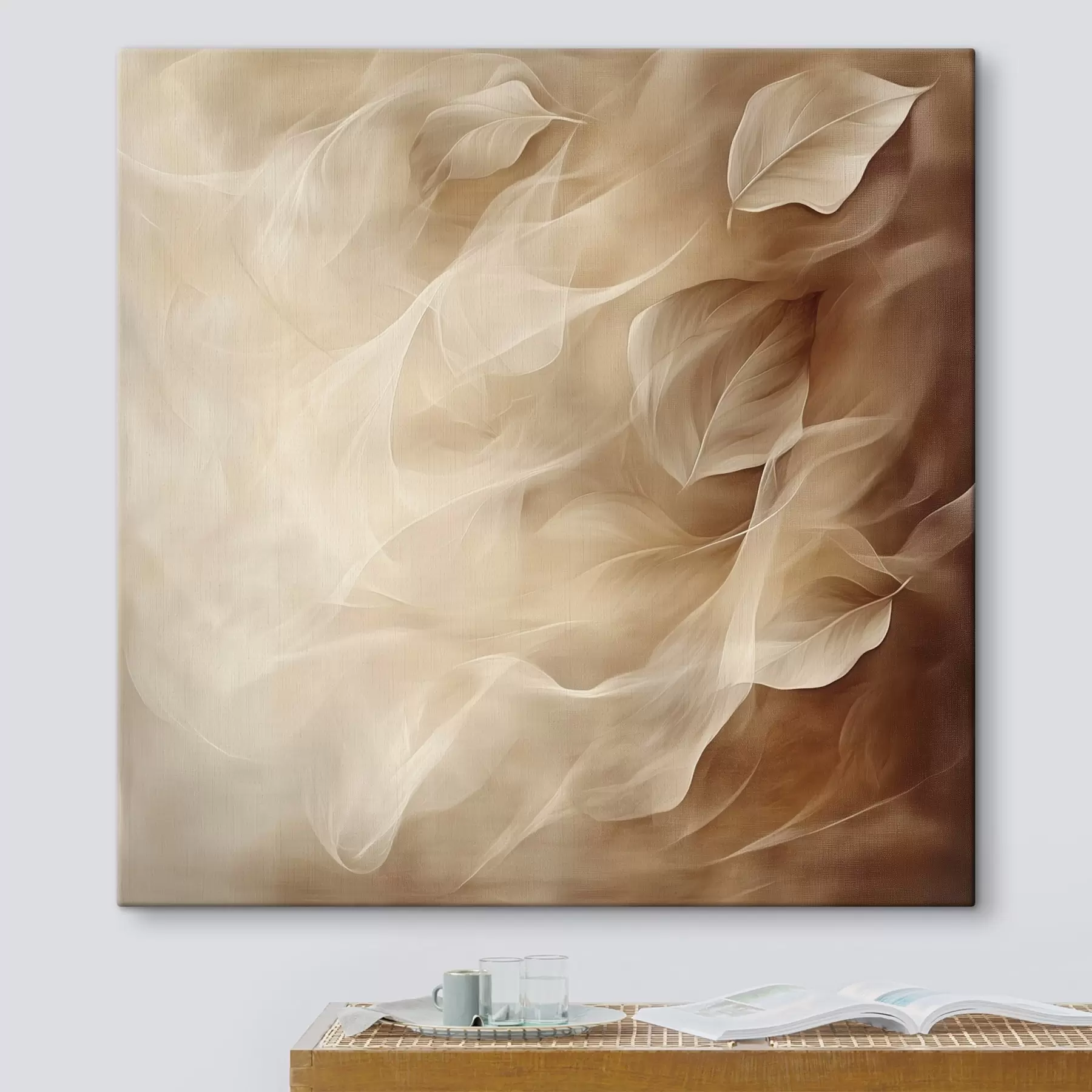 murales de pared Hojas delicadas en una gama de tonos beige y marrón, pintadas en un estilo contemporáneo s48892