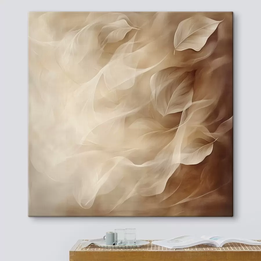 murales de pared Hojas delicadas en una gama de tonos beige y marrón, pintadas en un estilo contemporáneo s48892