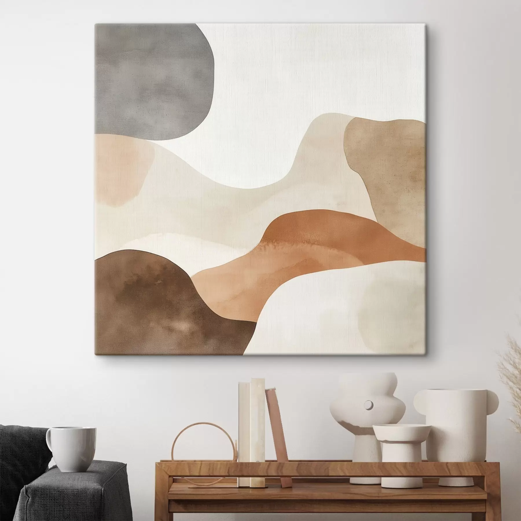 murales de pared Paisaje abstracto con líneas fluidas en una cálida paleta de tonos beige y marrón s48893