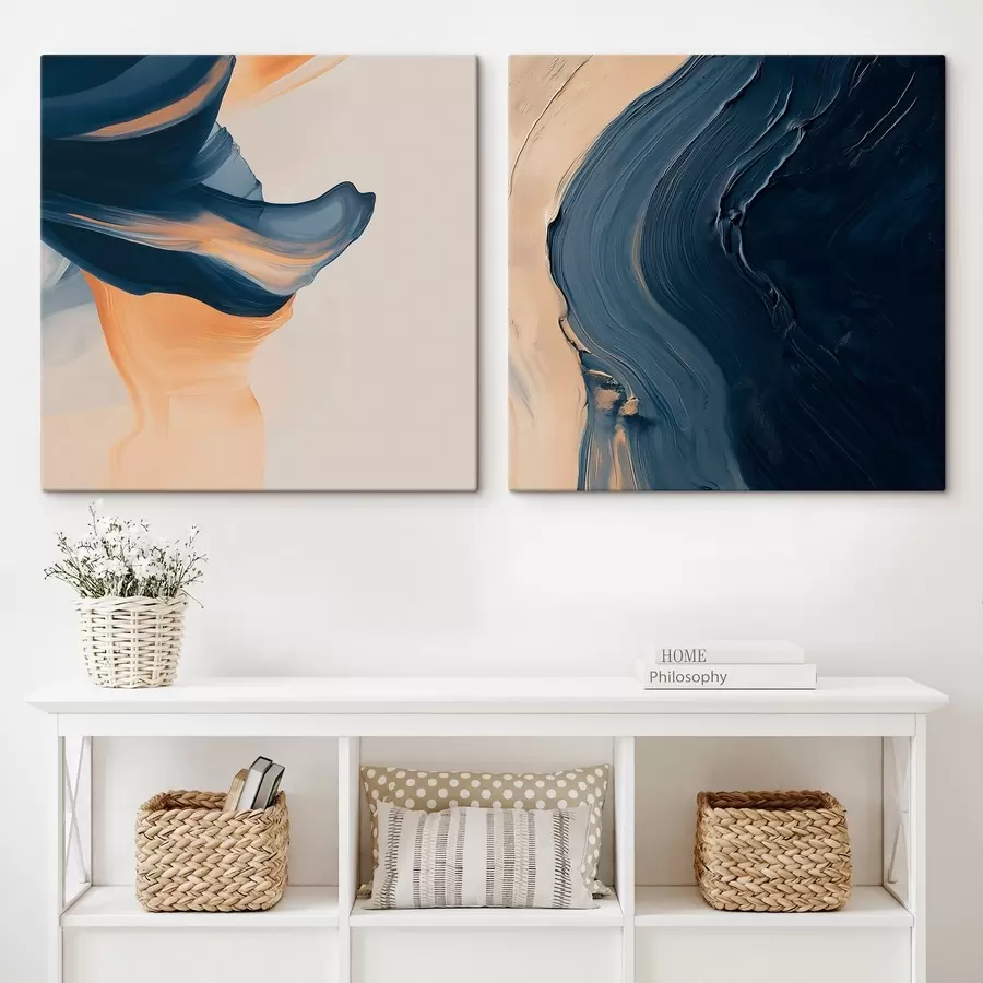 murales de pared Abstracción decorativa con líneas fluidas y dinámicas sobre un fondo azul y beige que crea contraste m30368