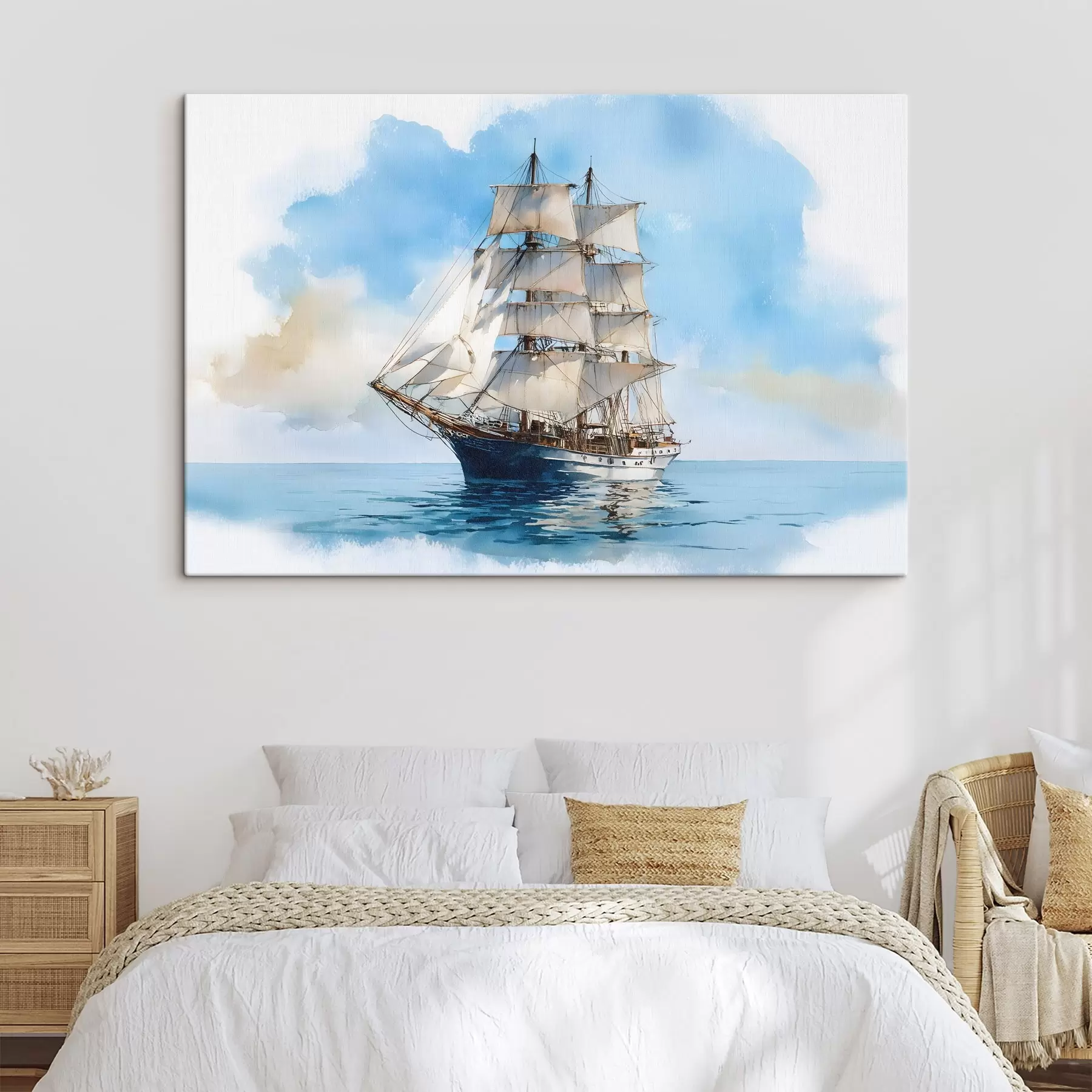 murales de pared Un barco en el mar, pintado al estilo de una acuarela s49421