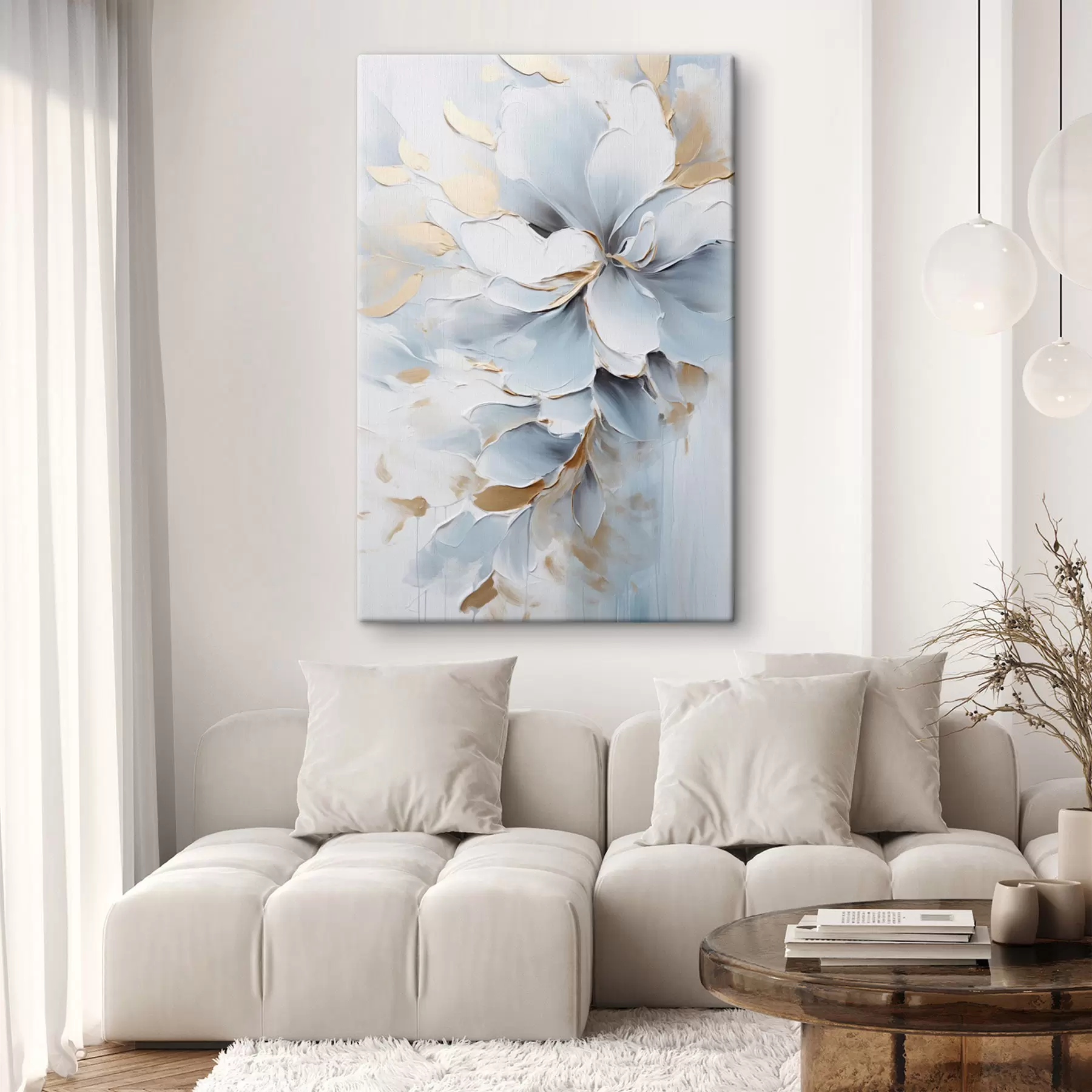 murales de pared Flores blancas y azul claro, estilo pictórico con pinceladas texturizadas s49463