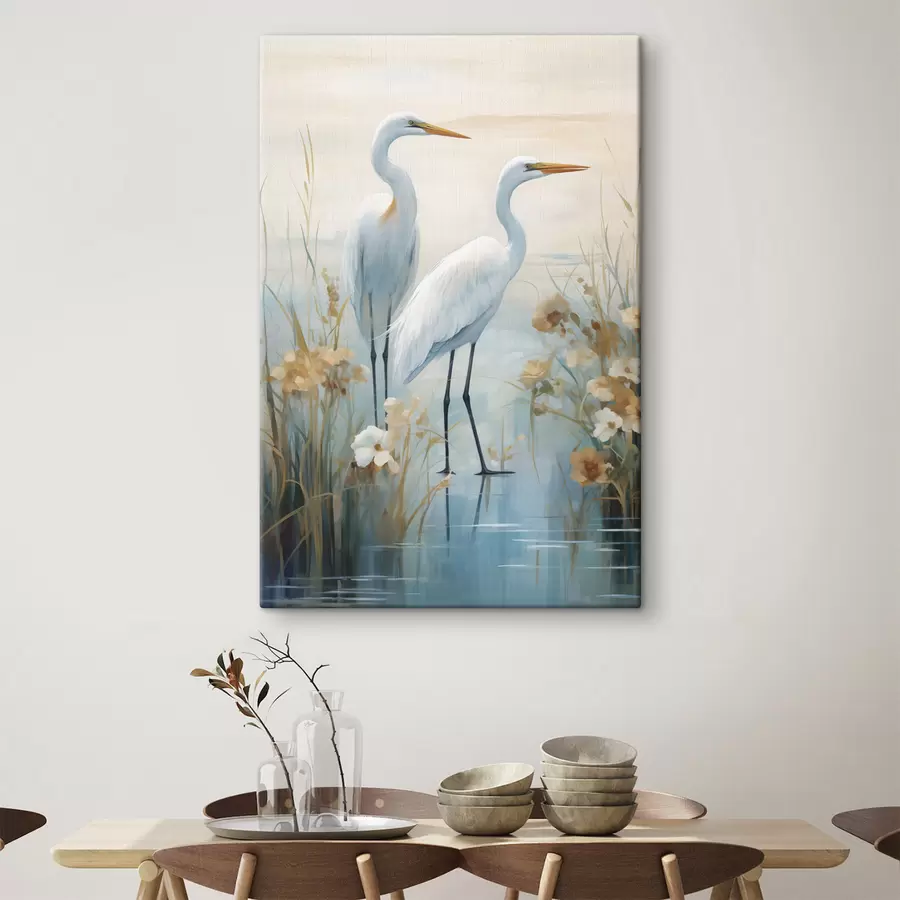 murales de pared Garzas blancas en aguas poco profundas con un fondo suave y difuso, arte paisajístico s49466