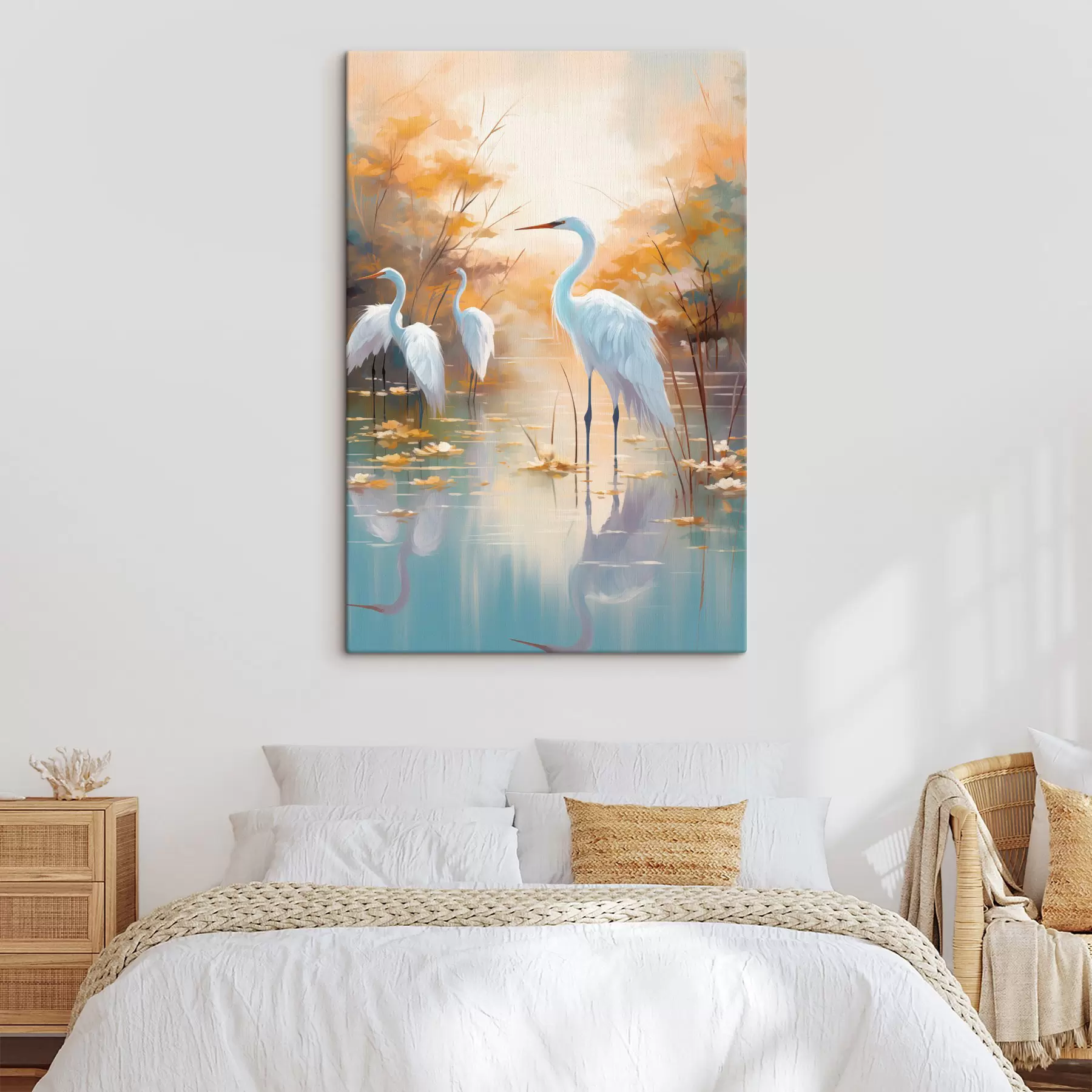 murales de pared Garzas blancas en aguas poco profundas con un fondo suave y difuso, arte paisajístico s49467
