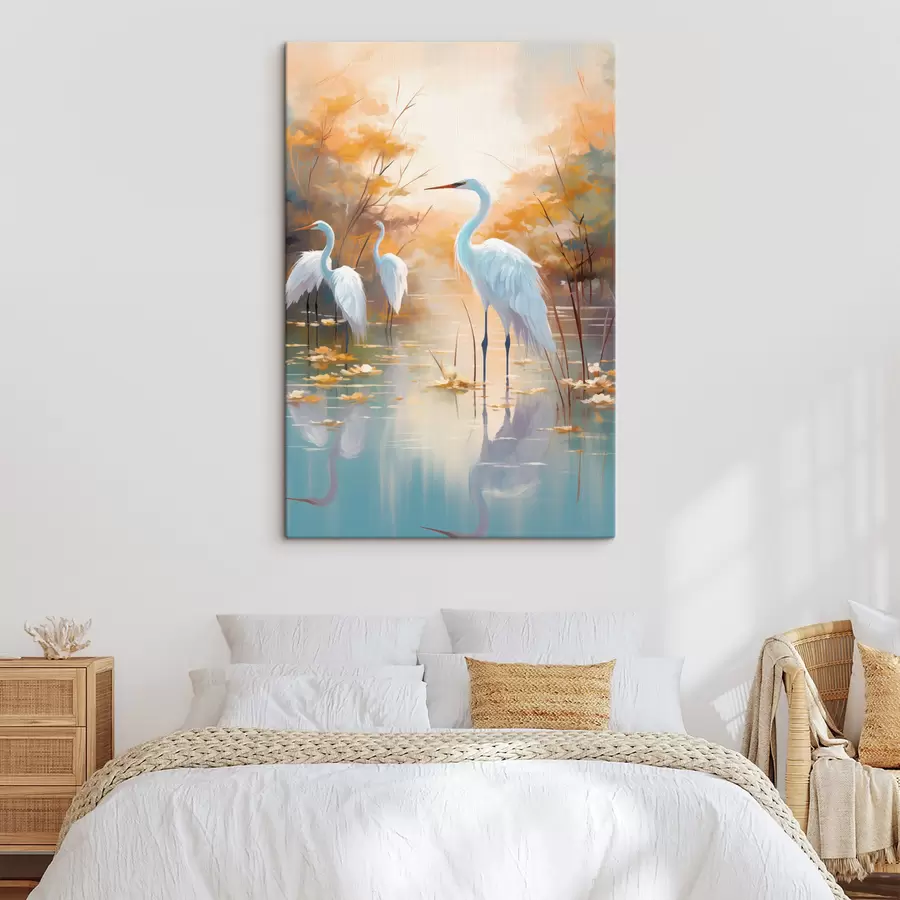 murales de pared Garzas blancas en aguas poco profundas con un fondo suave y difuso, arte paisajístico s49467