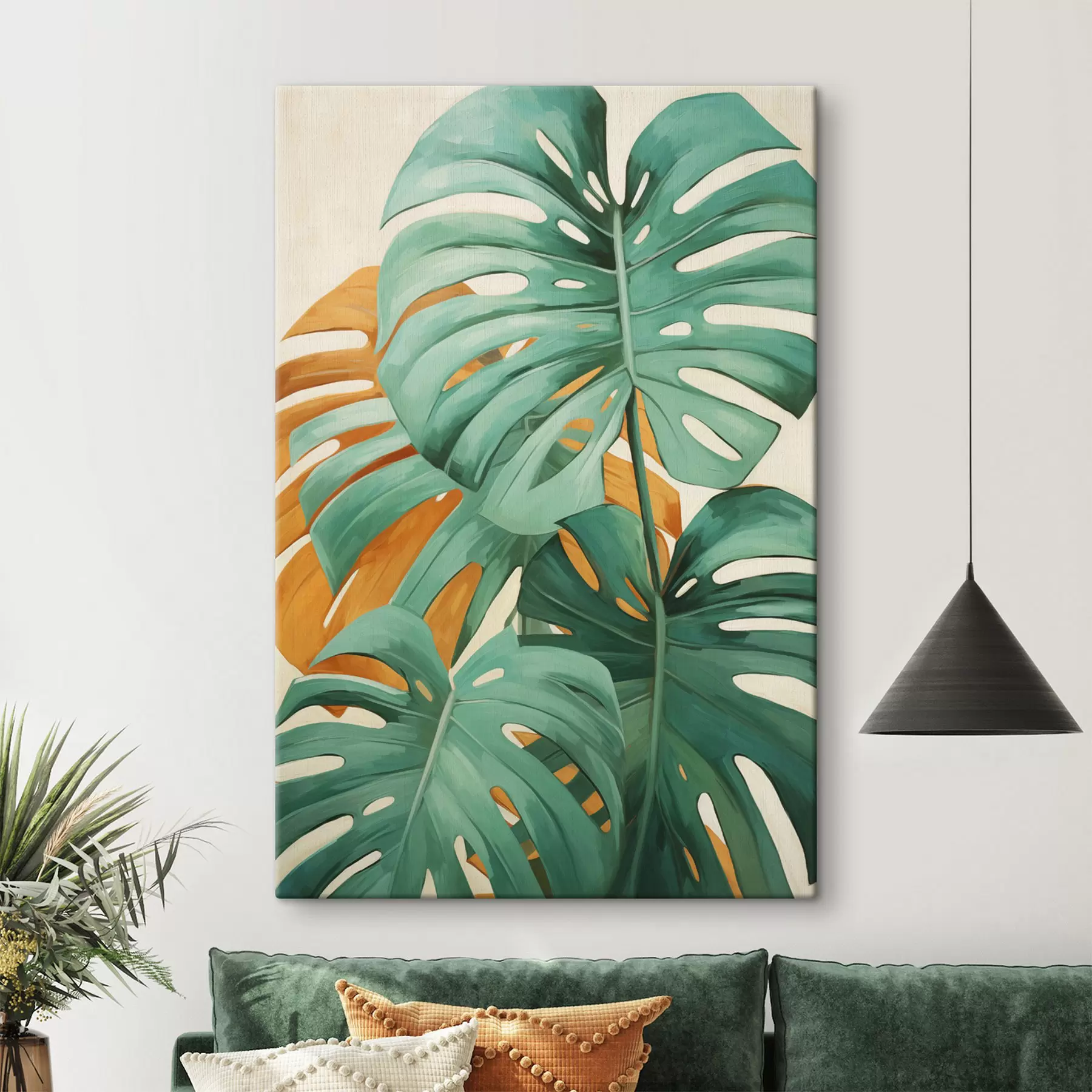 murales de pared Hojas grandes de monstera, arte minimalista con textura s49468