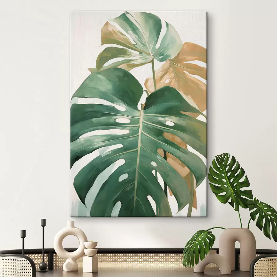 murales de pared Hojas grandes de monstera, arte minimalista con textura s49469