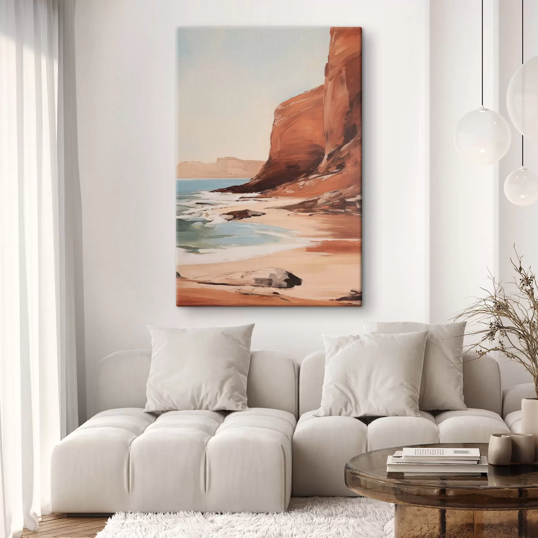 murales de pared Paisaje con acantilados y olas rompiendo en una playa de arena, con el mar en calma s49476