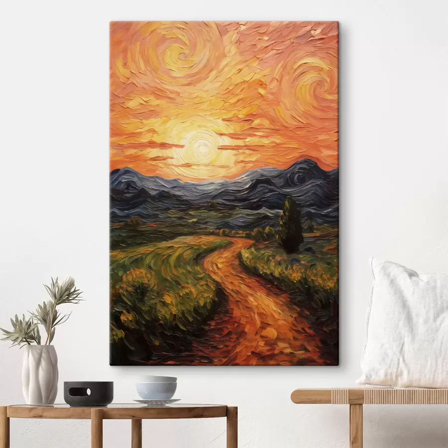 murales de pared Paisaje vibrante, cielo naranja y amarillo con un sol, ilustración estilizada con textura s49478