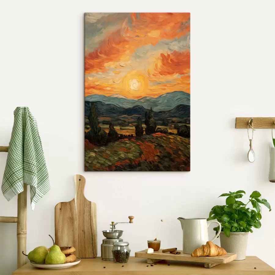 murales de pared Paisaje vibrante, cielo naranja y amarillo con un sol, ilustración estilizada con textura s49479