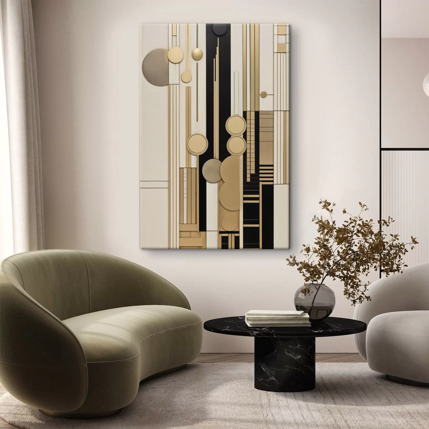 murales de pared Una composición geométrica abstracta con círculos, rectángulos y líneas verticales s49483