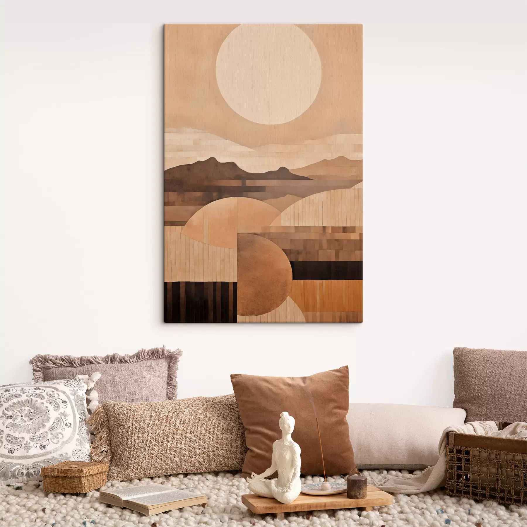 murales de pared Un paisaje minimalista con formas geométricas y montañas en tonos sepia s49484