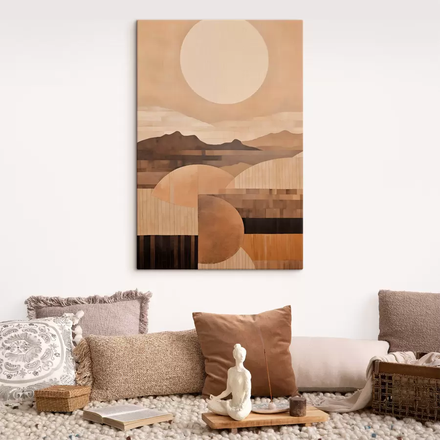 murales de pared Un paisaje minimalista con formas geométricas y montañas en tonos sepia s49484