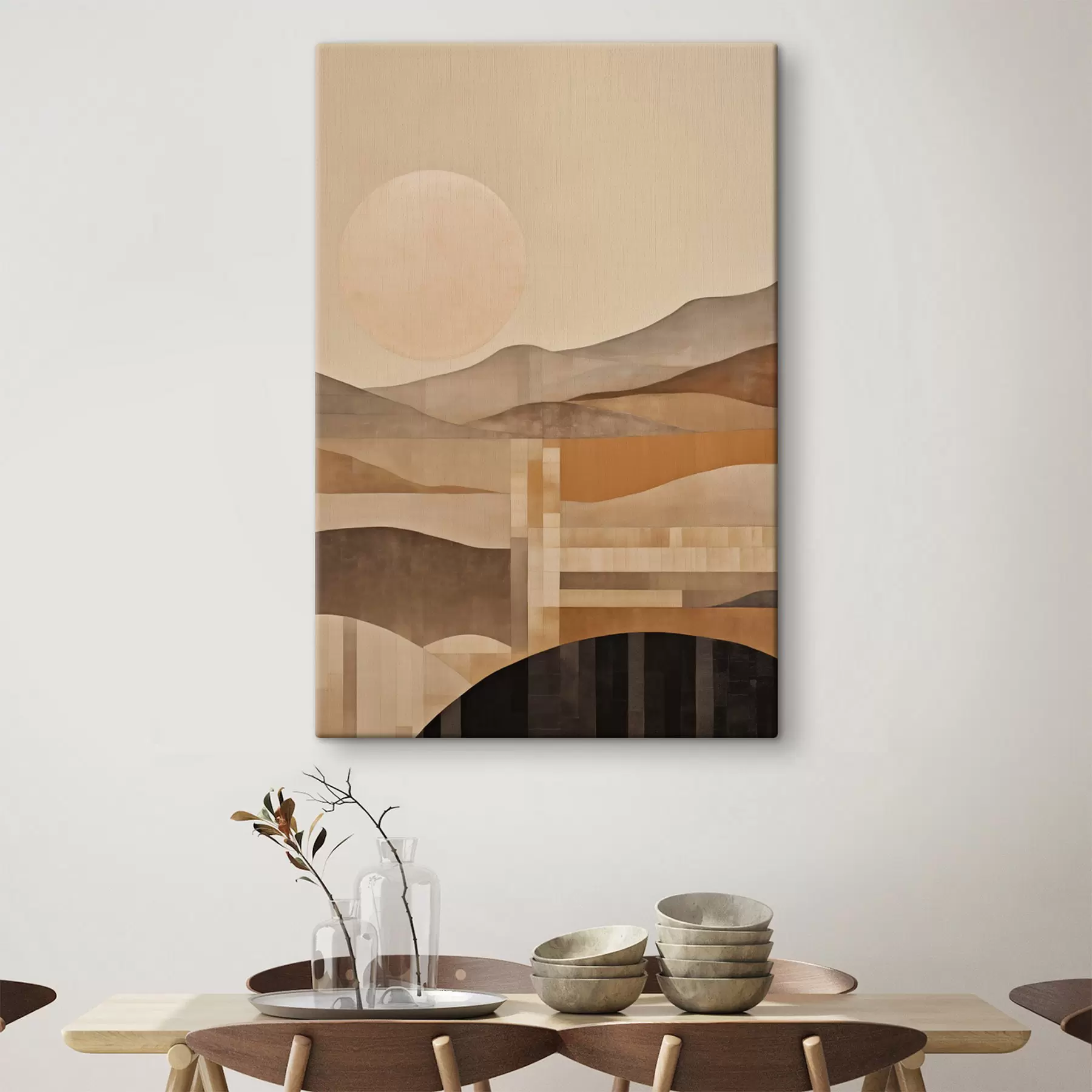 murales de pared Un paisaje minimalista con formas geométricas y montañas en tonos sepia s49485