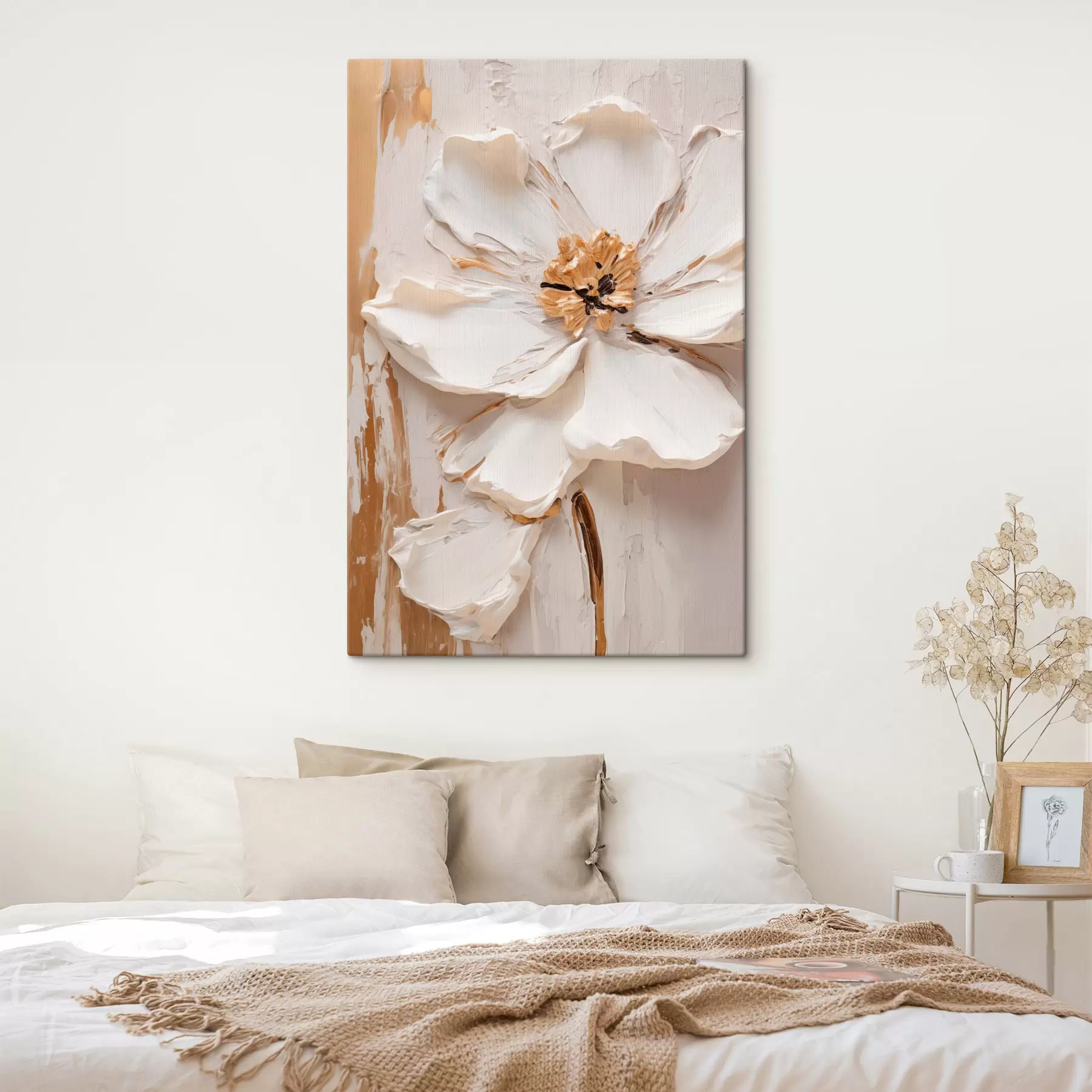 murales de pared Flor blanca con textura, de pétalos delicados y fondo abstracto s49486