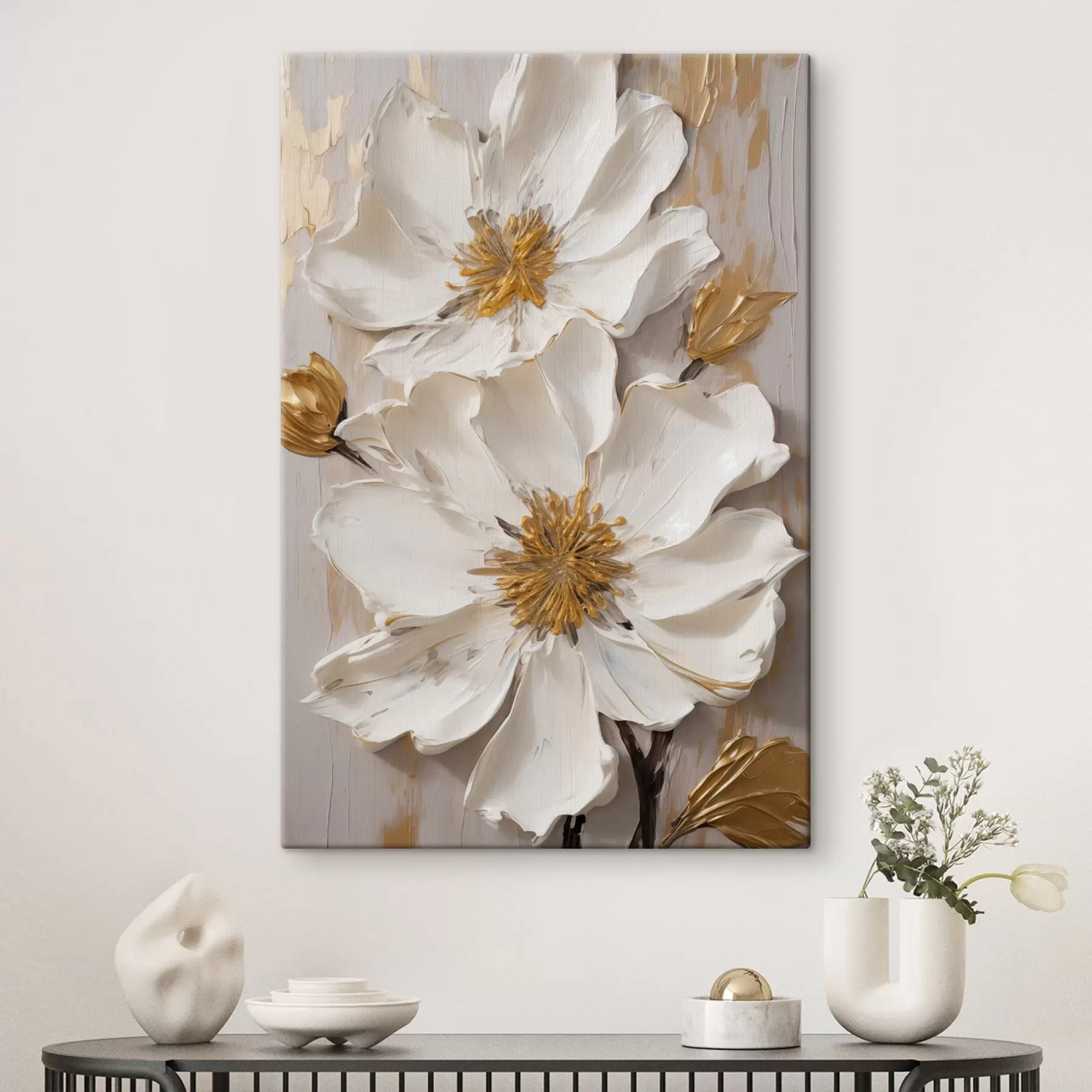 murales de pared Flores blancas con textura, de pétalos delicados y fondo abstracto s49487