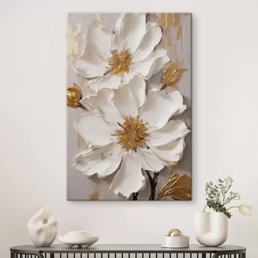 murales de pared Flores blancas con textura, de pétalos delicados y fondo abstracto s49487
