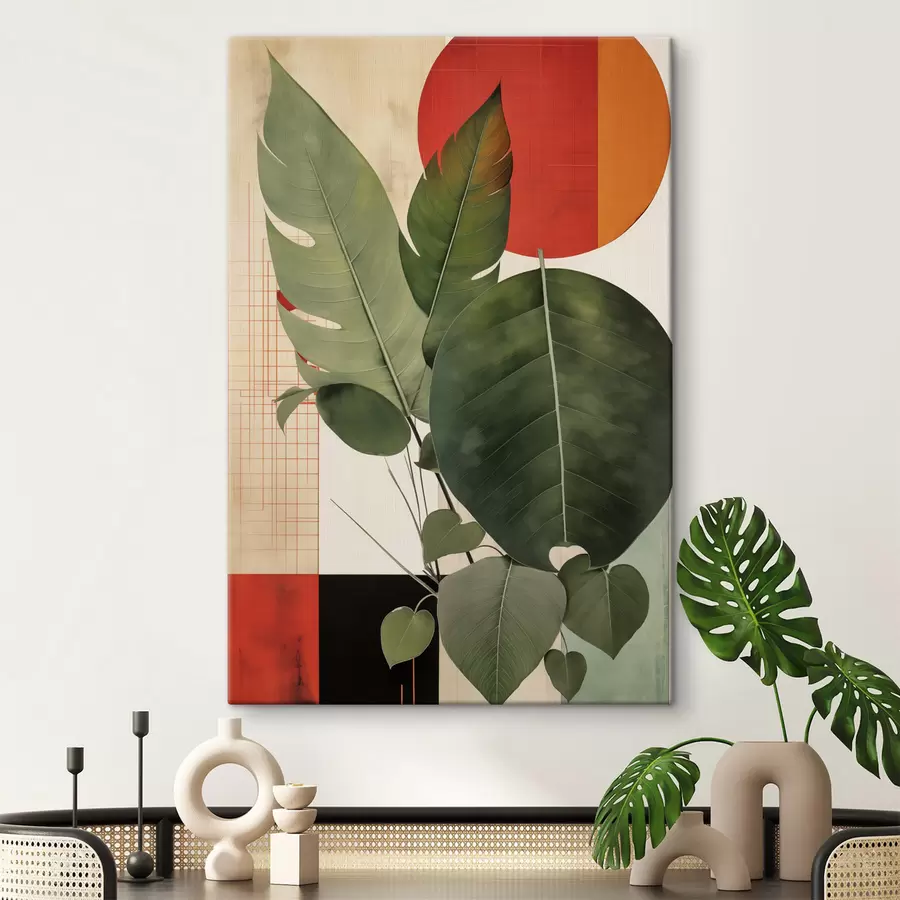 murales de pared Hojas grandes sobre un fondo geométrico, estilo de arte moderno abstracto s49490