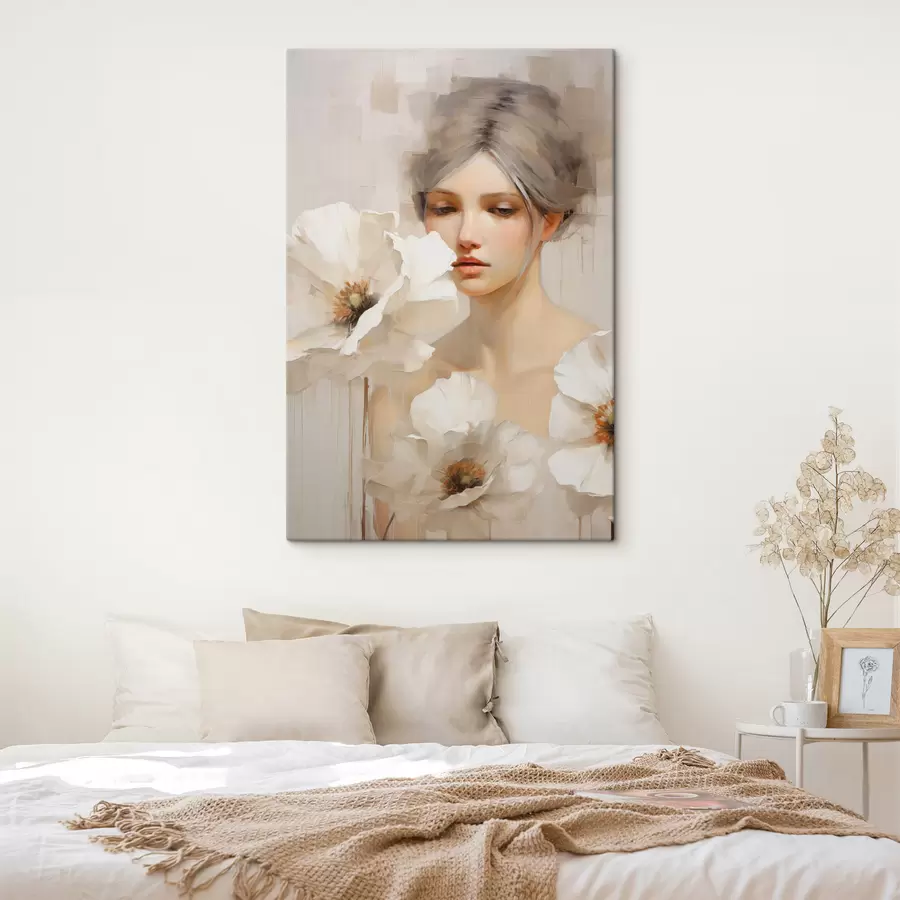 murales de pared Retrato de una mujer con grandes flores blancas, sobre un fondo abstracto claro s49494