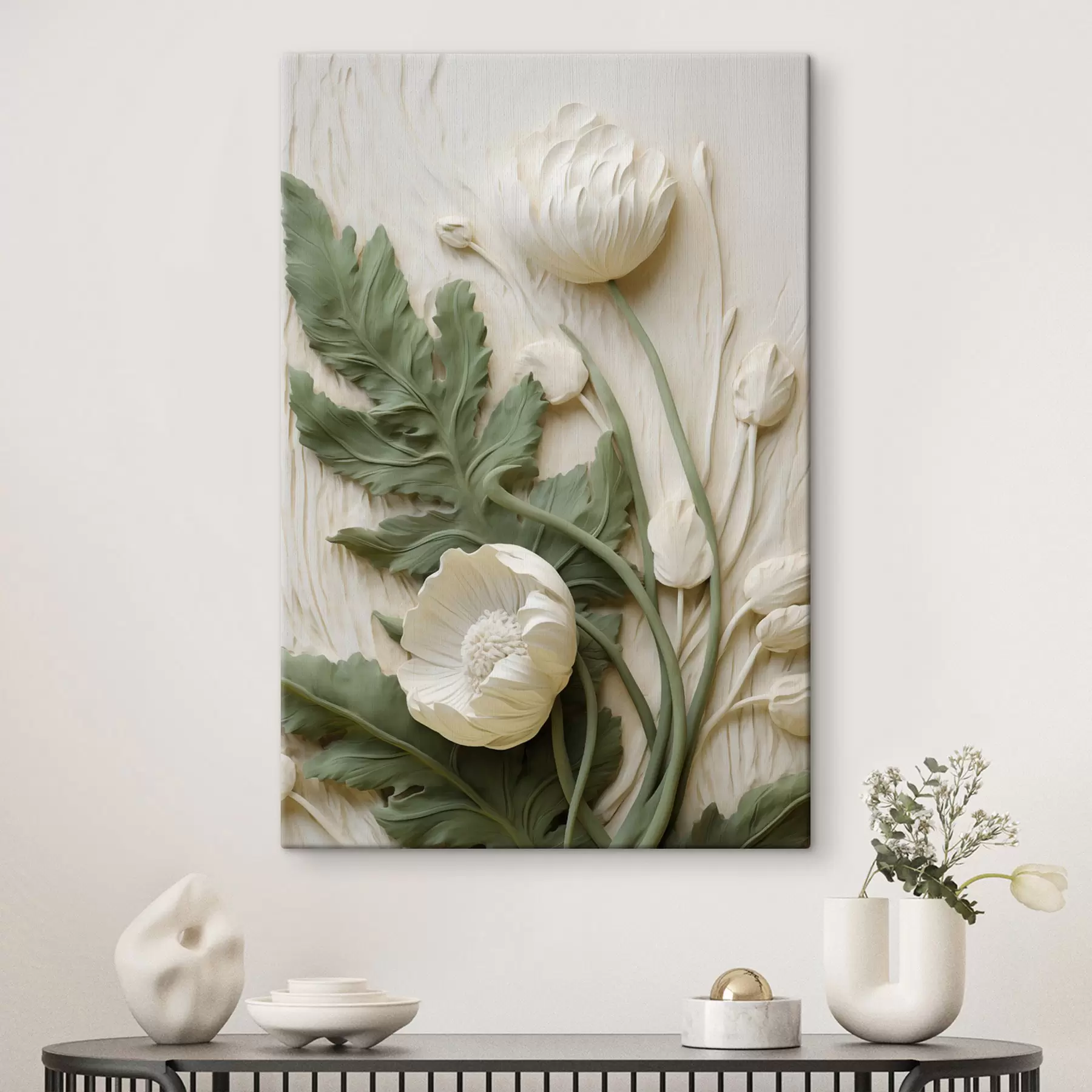 murales de pared Amapolas blancas y hojas verdes sobre un fondo texturizado con follaje s49496