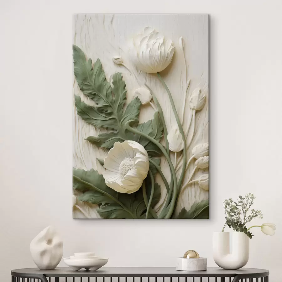 murales de pared Amapolas blancas y hojas verdes sobre un fondo texturizado con follaje s49496