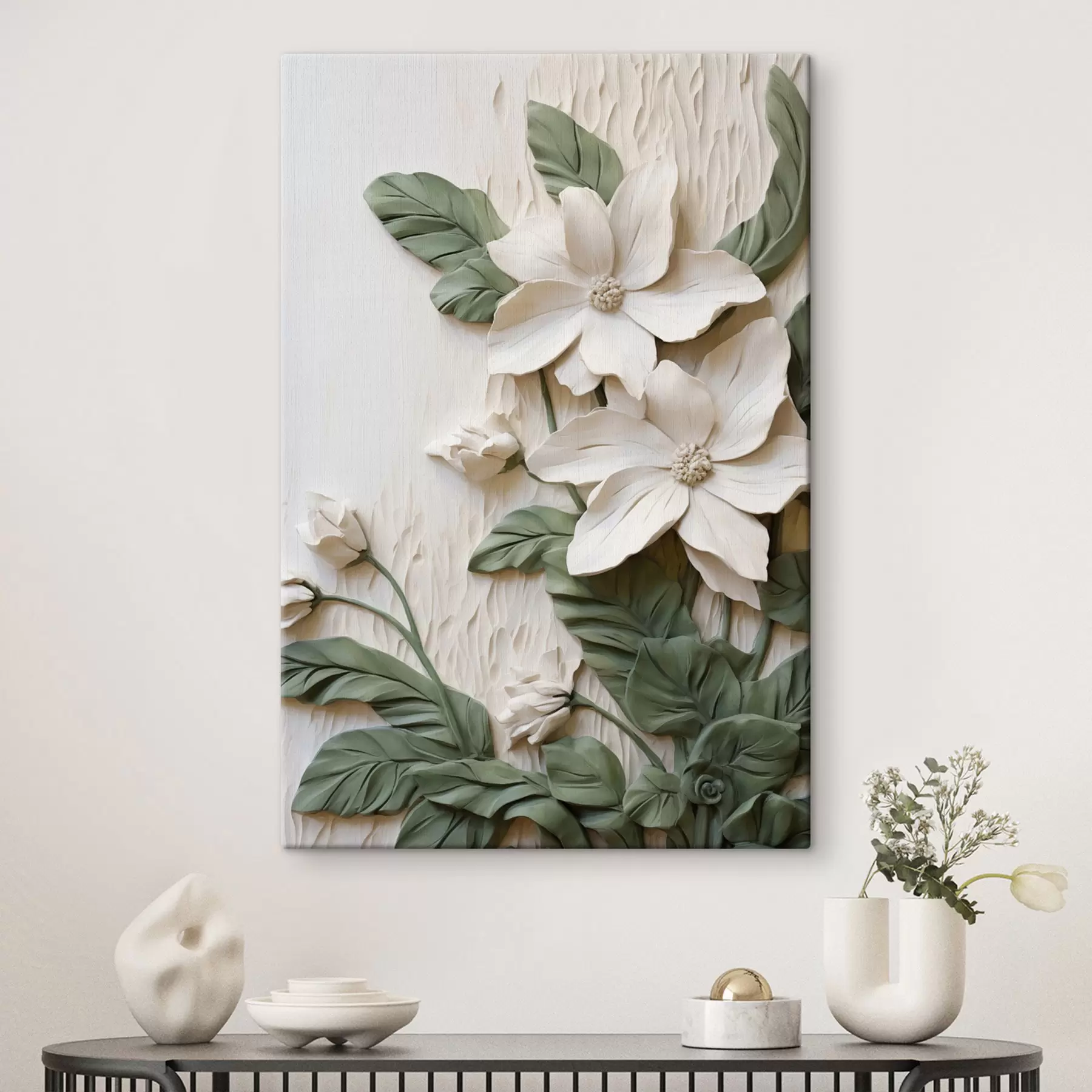 murales de pared Flores blancas y hojas verdes sobre un fondo texturizado con follaje s49497
