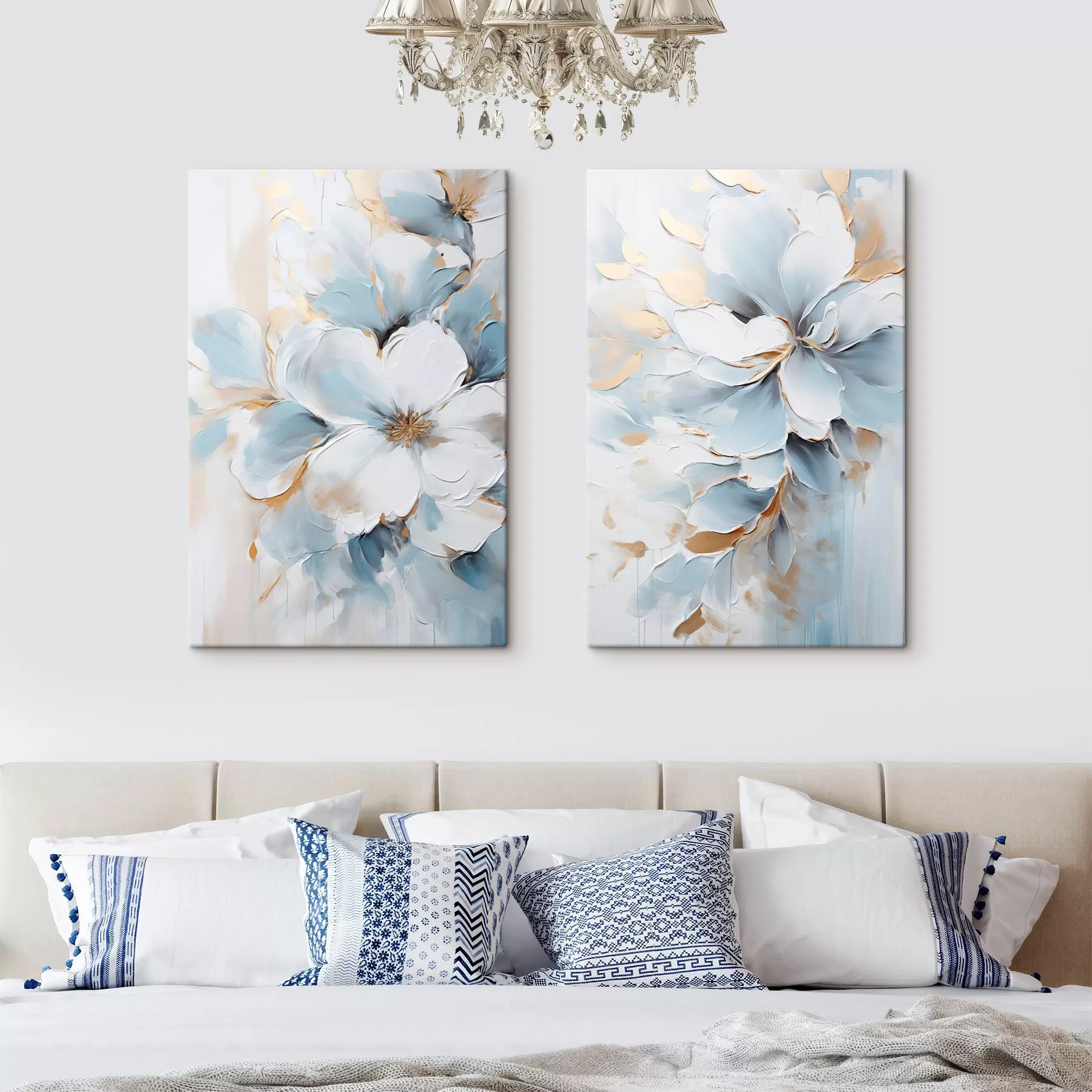 murales de pared Flores blancas y azul claro, estilo pictórico con pinceladas texturizadas m30567