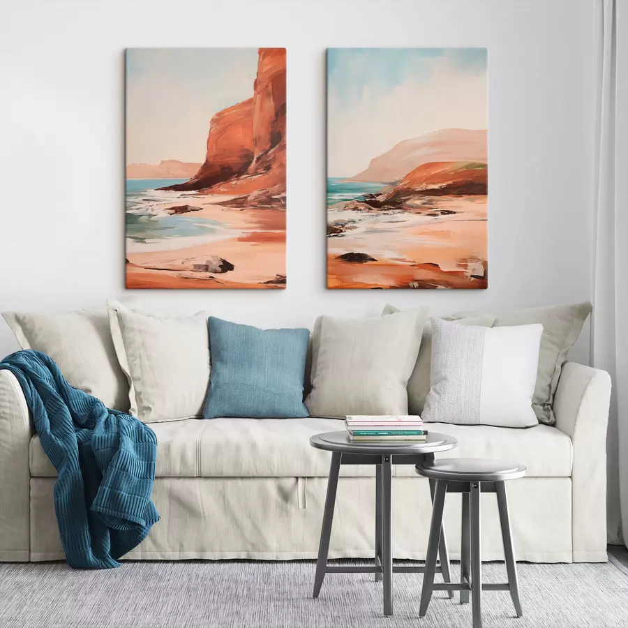murales de pared Paisaje con acantilados y olas rompiendo en una playa de arena, con el mar en calma m30574