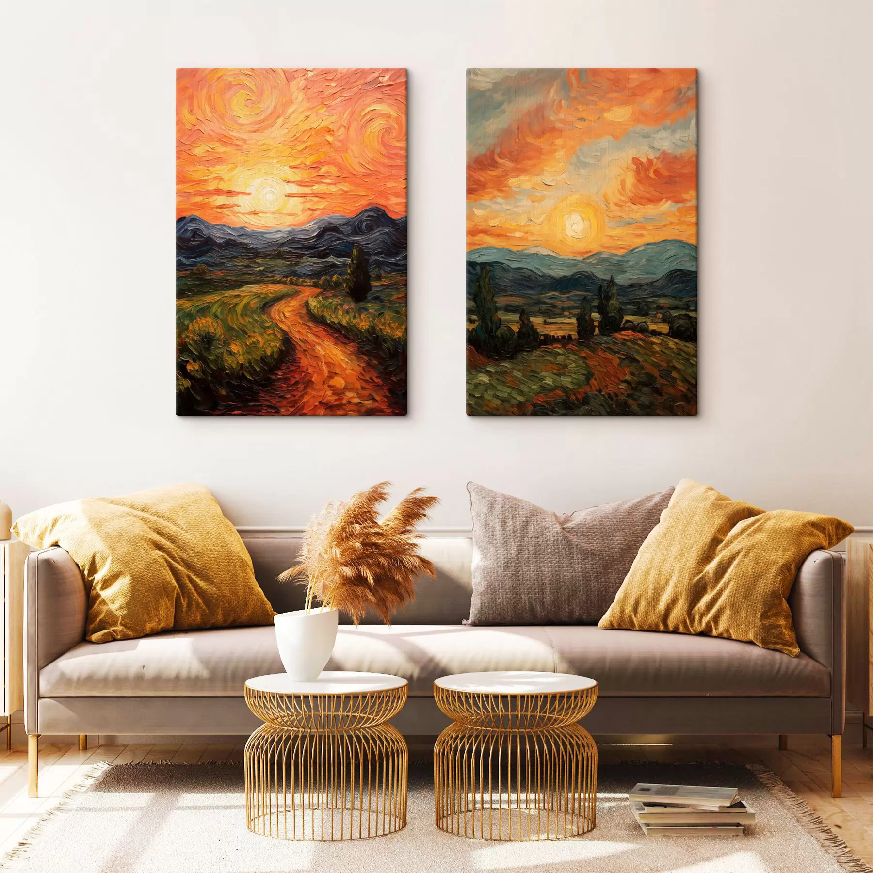 murales de pared Paisaje vibrante, cielo naranja y amarillo con un sol, ilustración estilizada con textura m30575