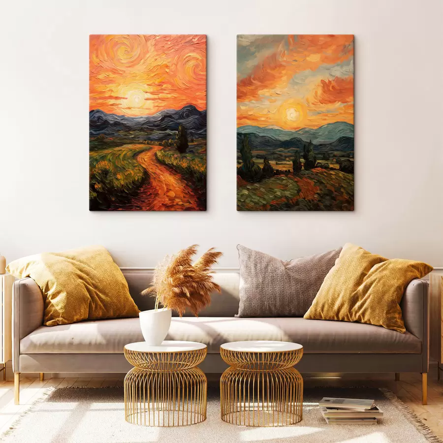 murales de pared Paisaje vibrante, cielo naranja y amarillo con un sol, ilustración estilizada con textura m30575