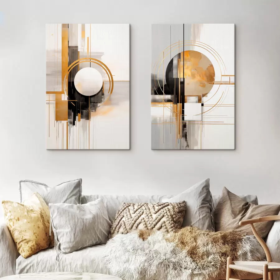 murales de pared Formas geométricas abstractas y círculos con toques amarillos, arte con textura m30576