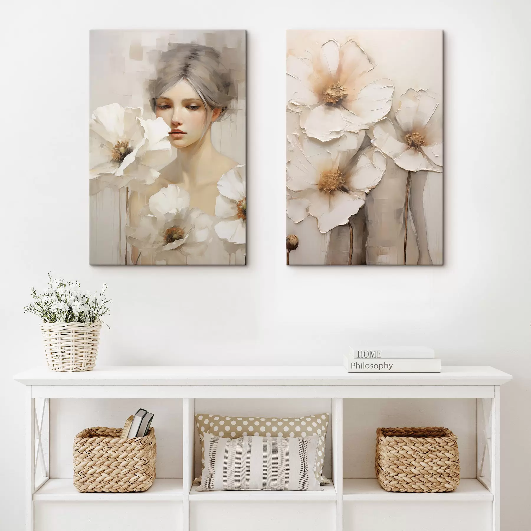 murales de pared Retrato de una mujer con grandes flores blancas, sobre un fondo abstracto claro m30583