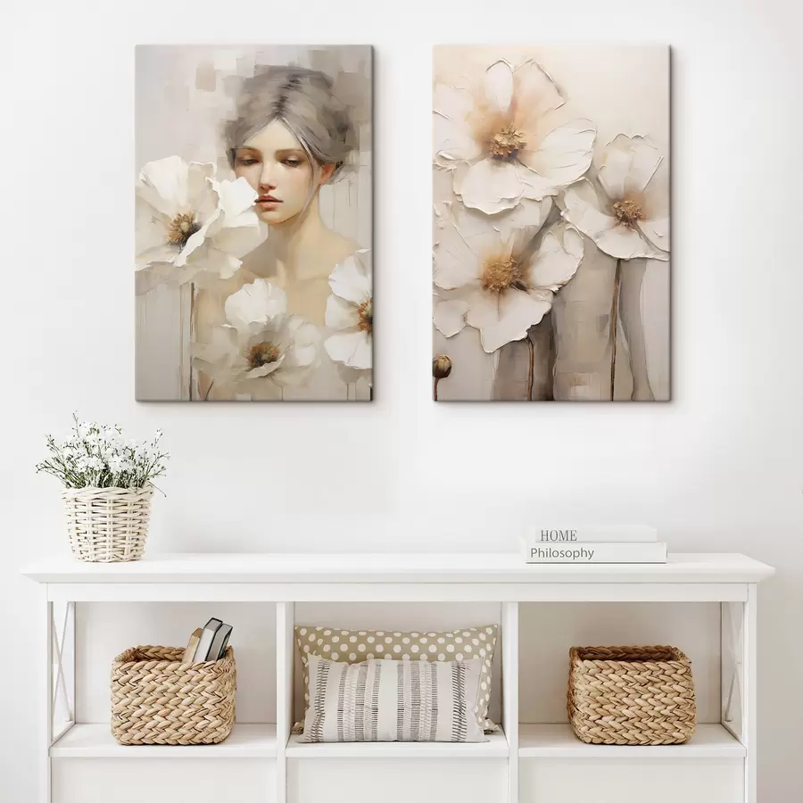 murales de pared Retrato de una mujer con grandes flores blancas, sobre un fondo abstracto claro m30583