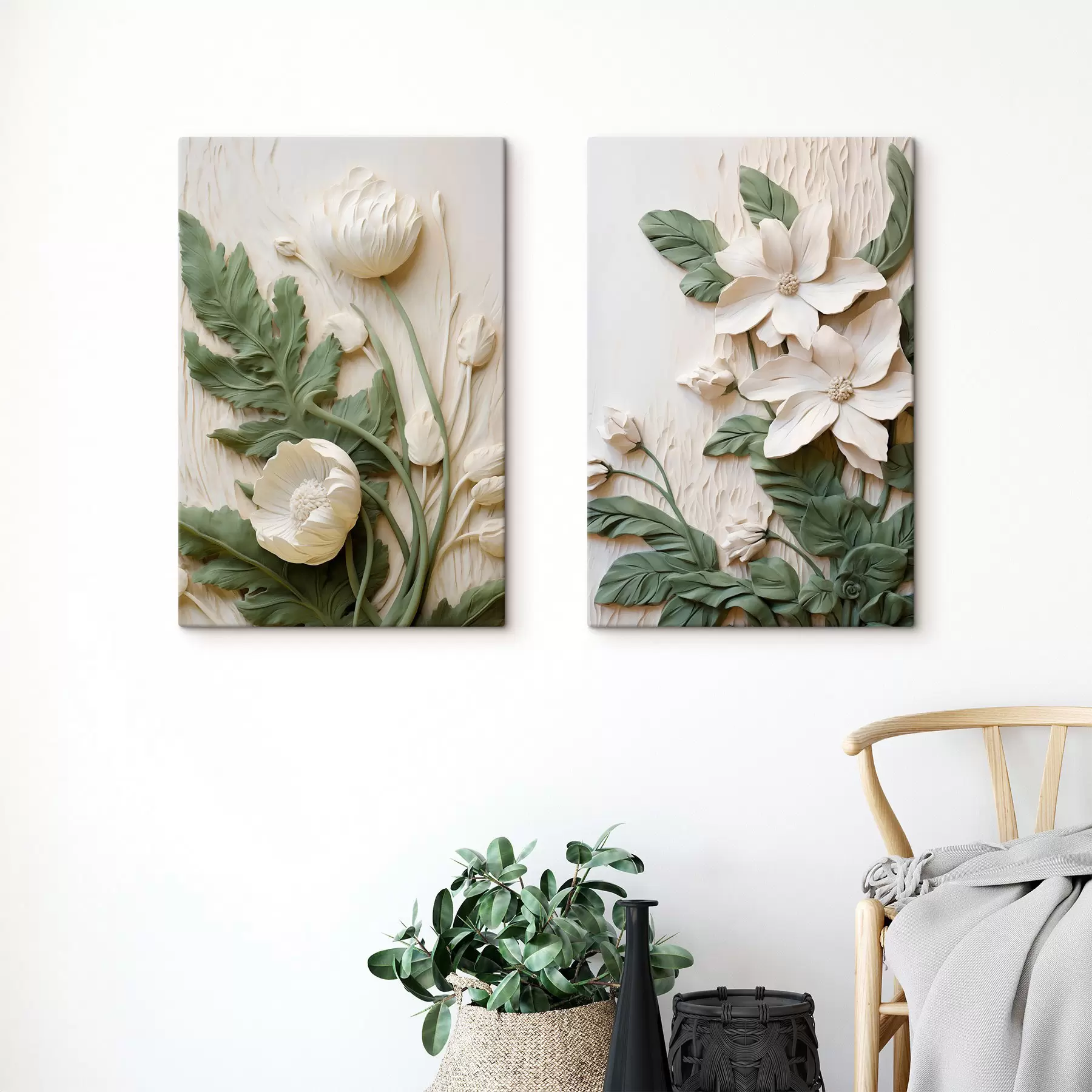 murales de pared Flores blancas y hojas verdes sobre un fondo texturizado con follaje m30584