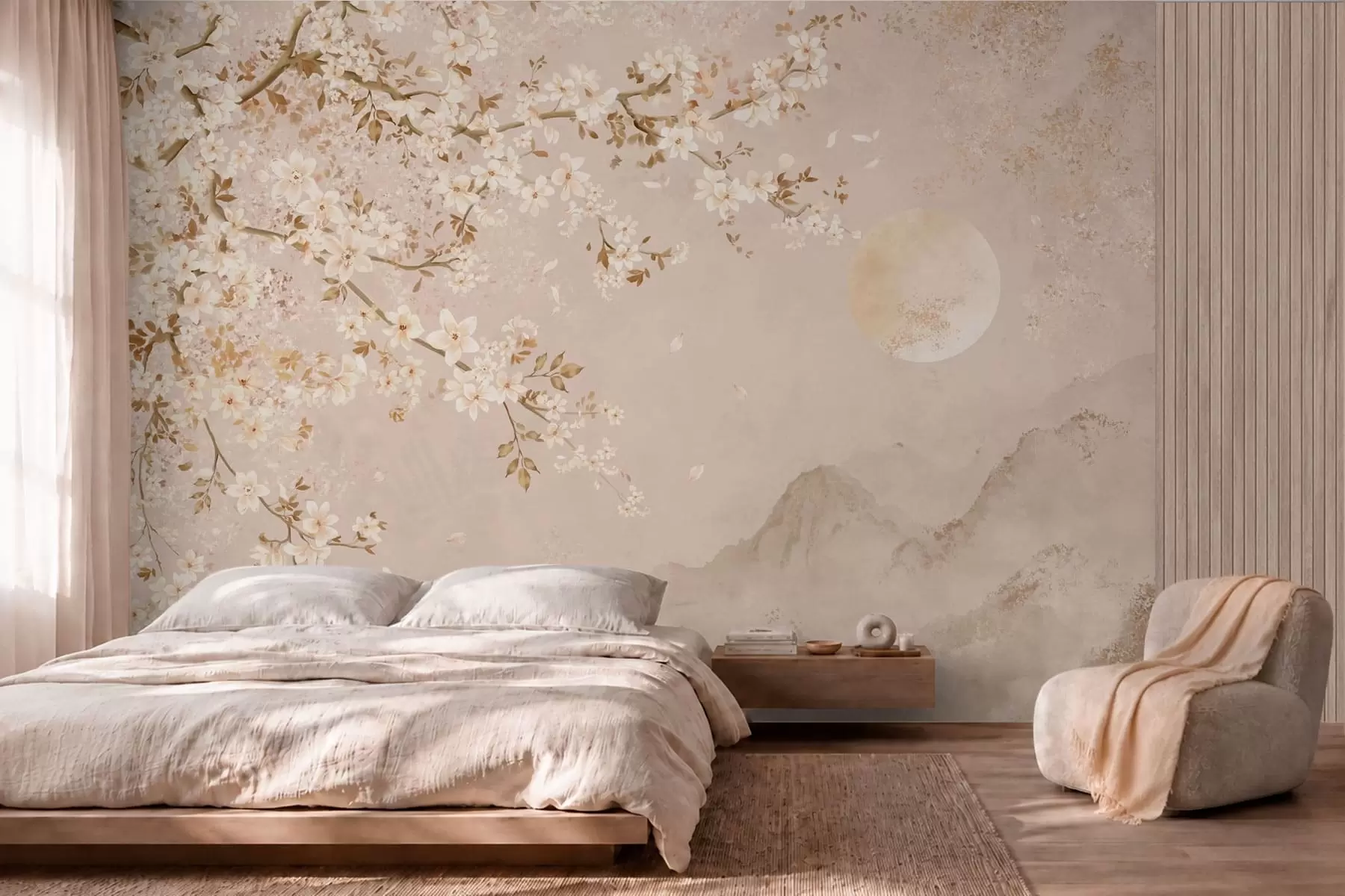 murales de pared Una rama en flor sobre las montañas envueltas en niebla y el sol w05695