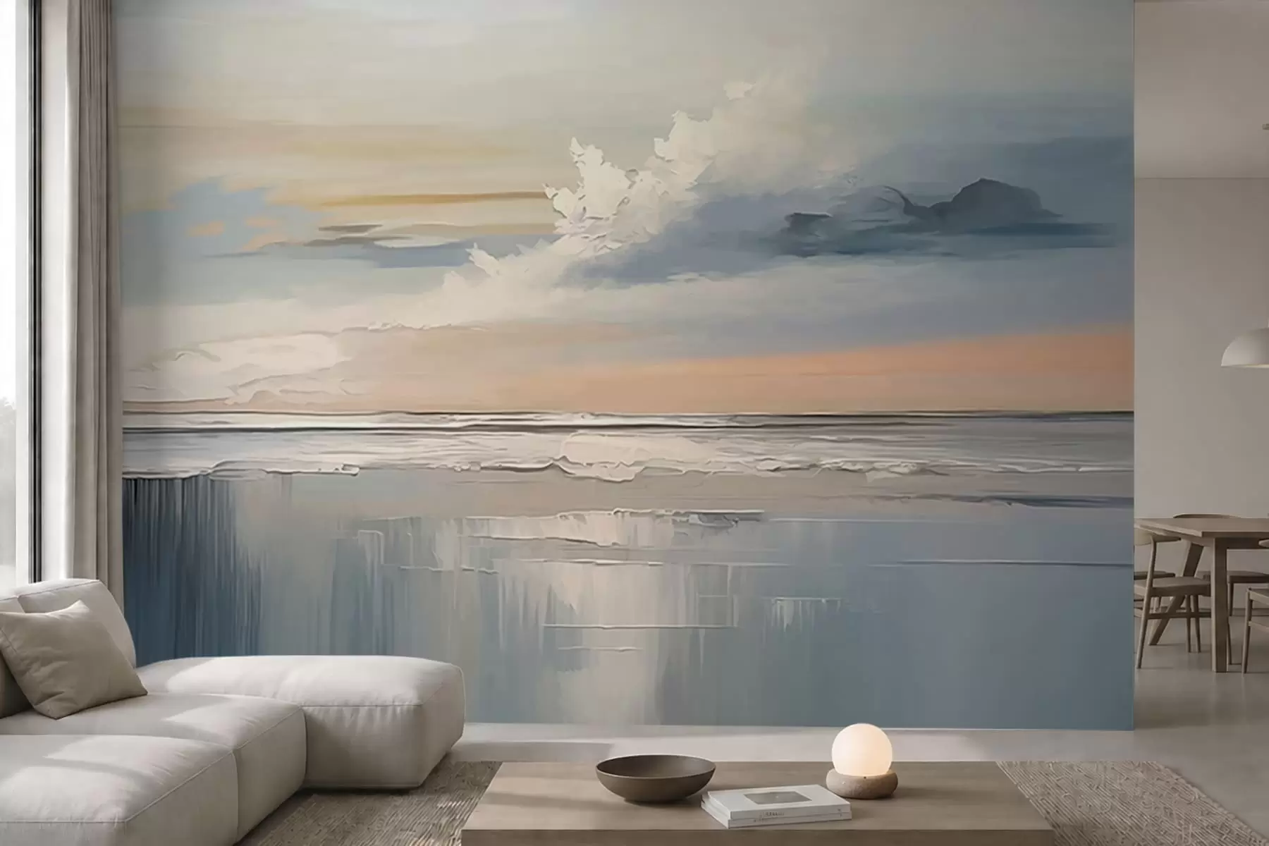 murales de pared Costa en tonos pastel con nubes y reflejos en el agua w05687