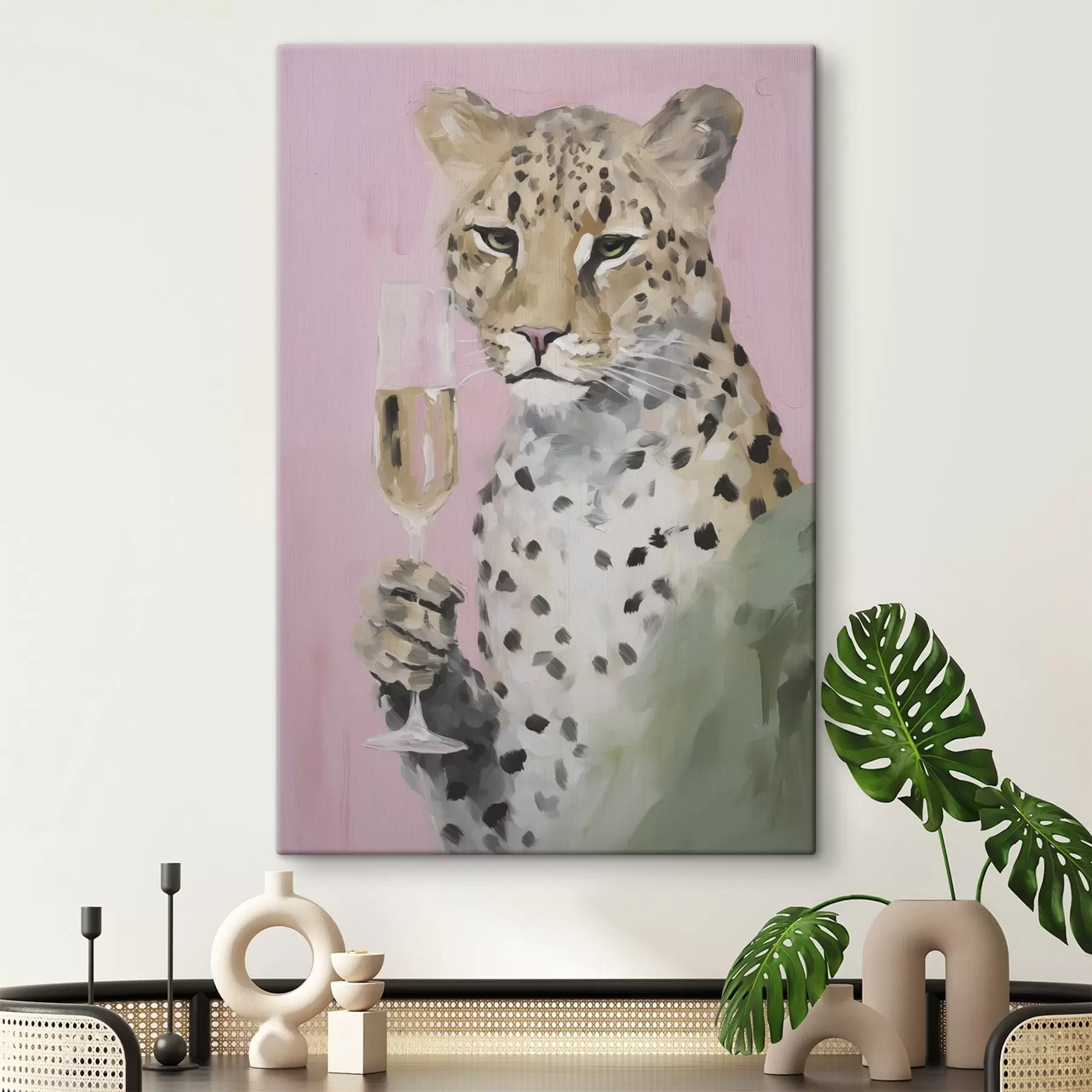 murales de pared Cuadro que representa un leopardo sosteniendo una copa s49511