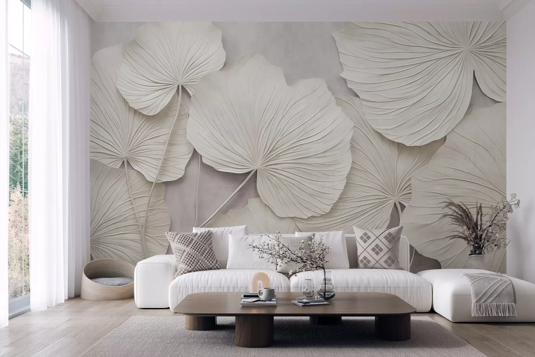murales de pared Hojas grandes y con textura sobre un fondo suave y apagado; arte moderno minimalista w09897