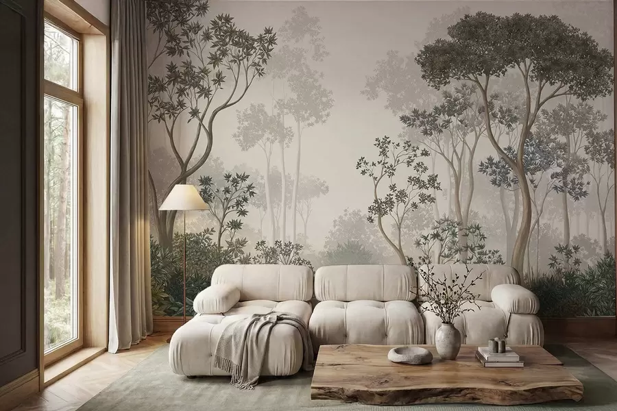 murales de pared Bosque brumoso con árboles y un tranquilo curso de agua w05700