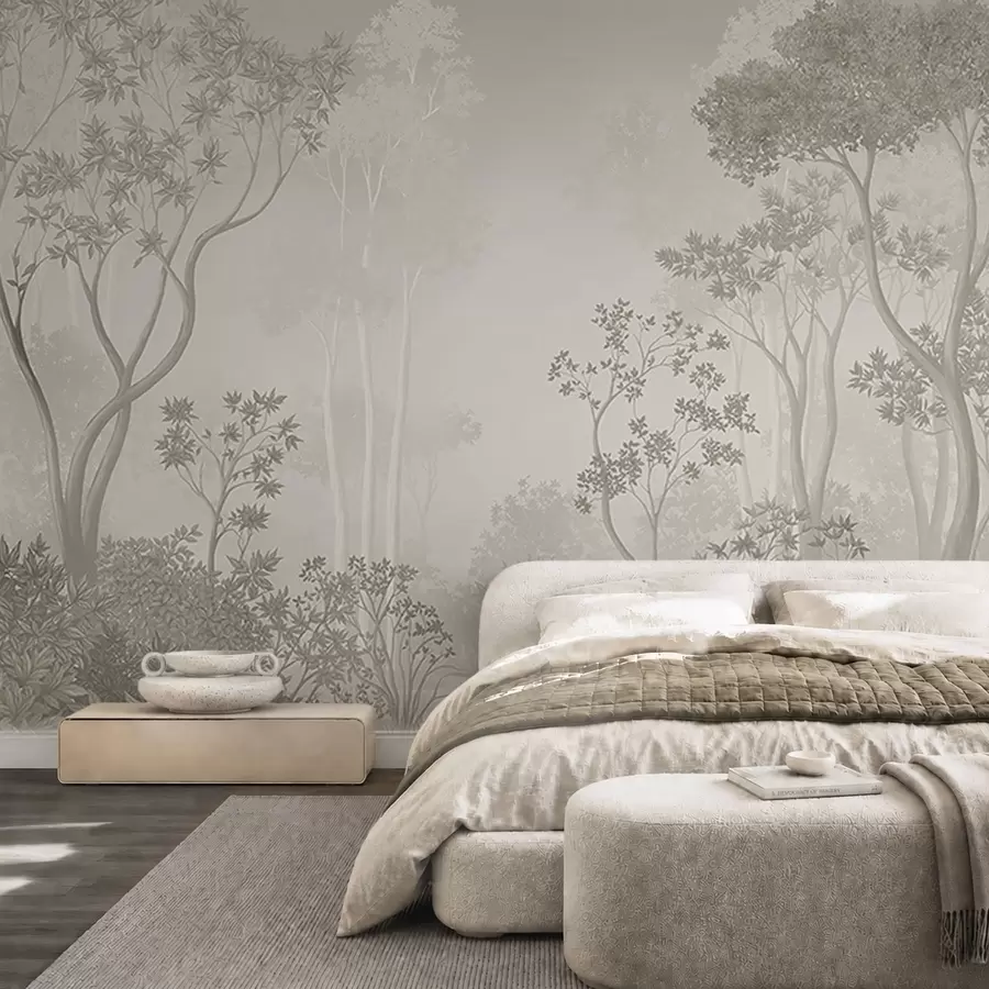 murales de pared Un bosque envuelto en una ligera bruma, en suaves tonos neutros w05700v1