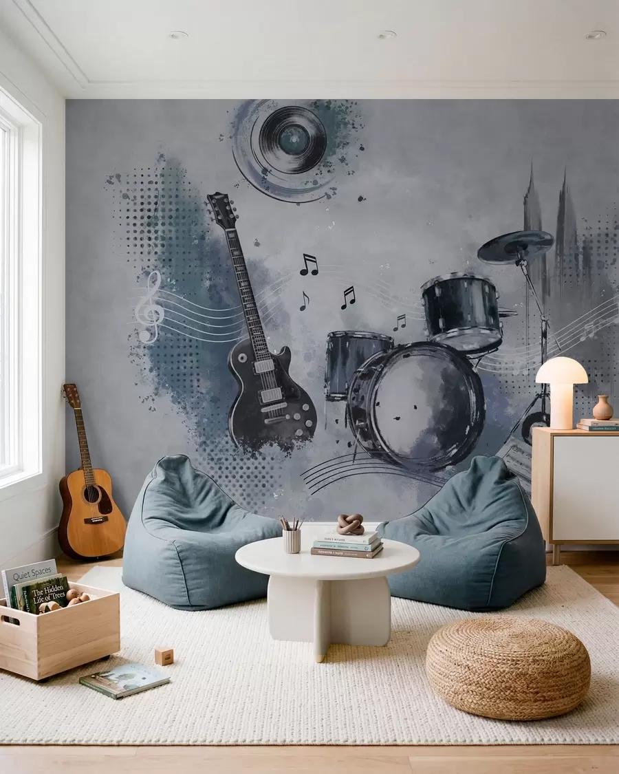 murales de pared Guitarra y batería con notas musicales w05546
