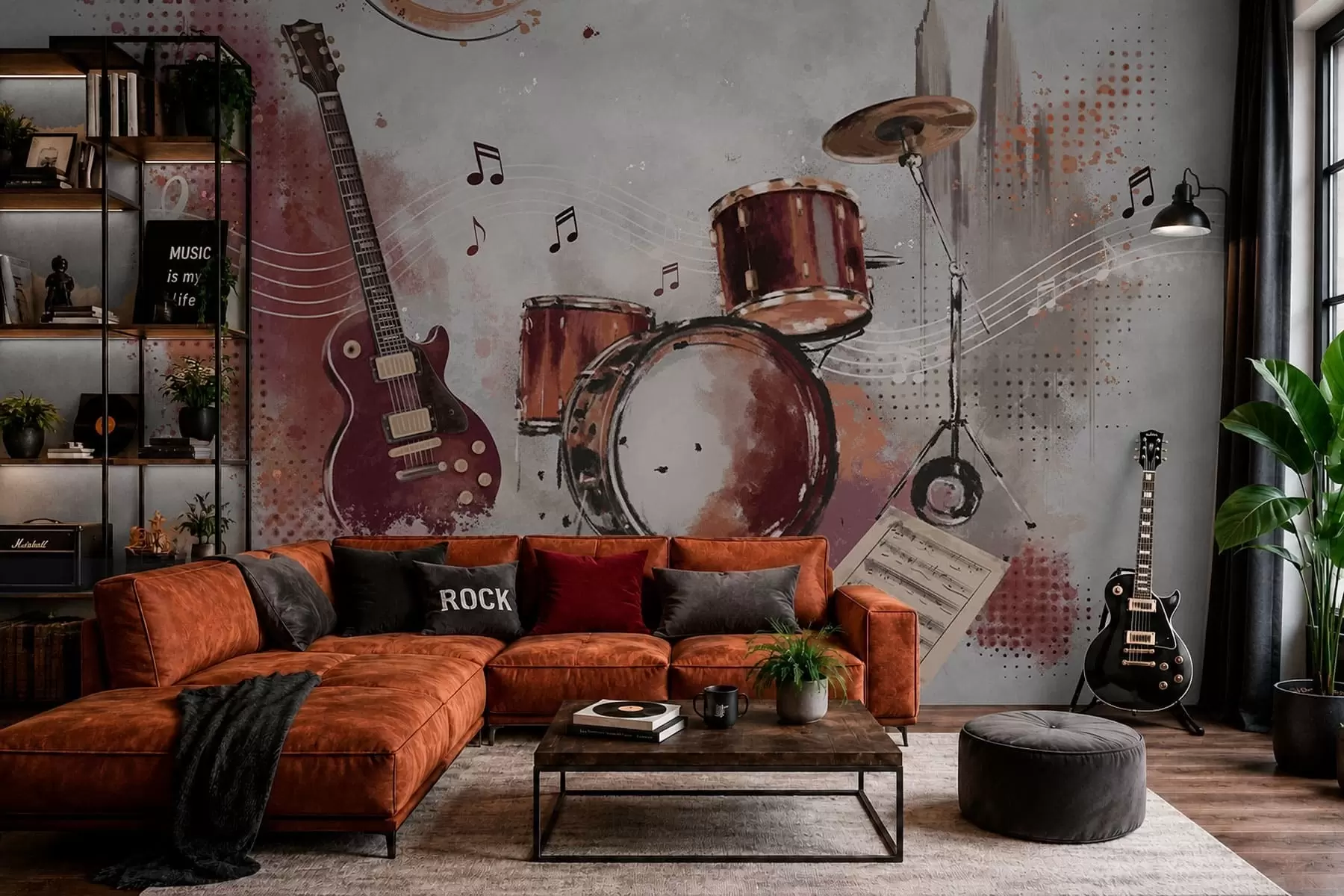 murales de pared Instrumentos musicales en cálidos tonos burdeos w05546v1