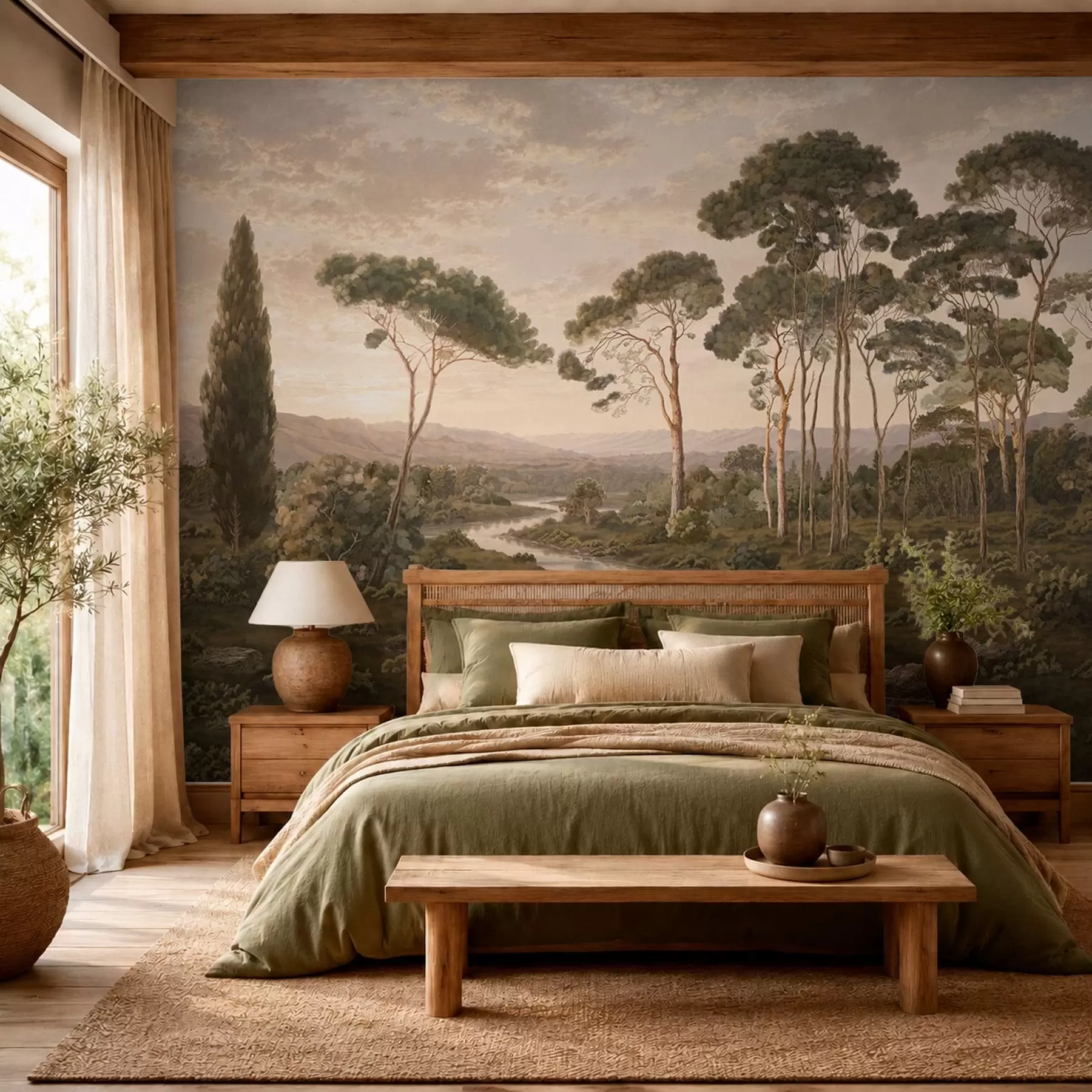 murales de pared Paisaje con río, árboles y colinas en la lejanía w05696
